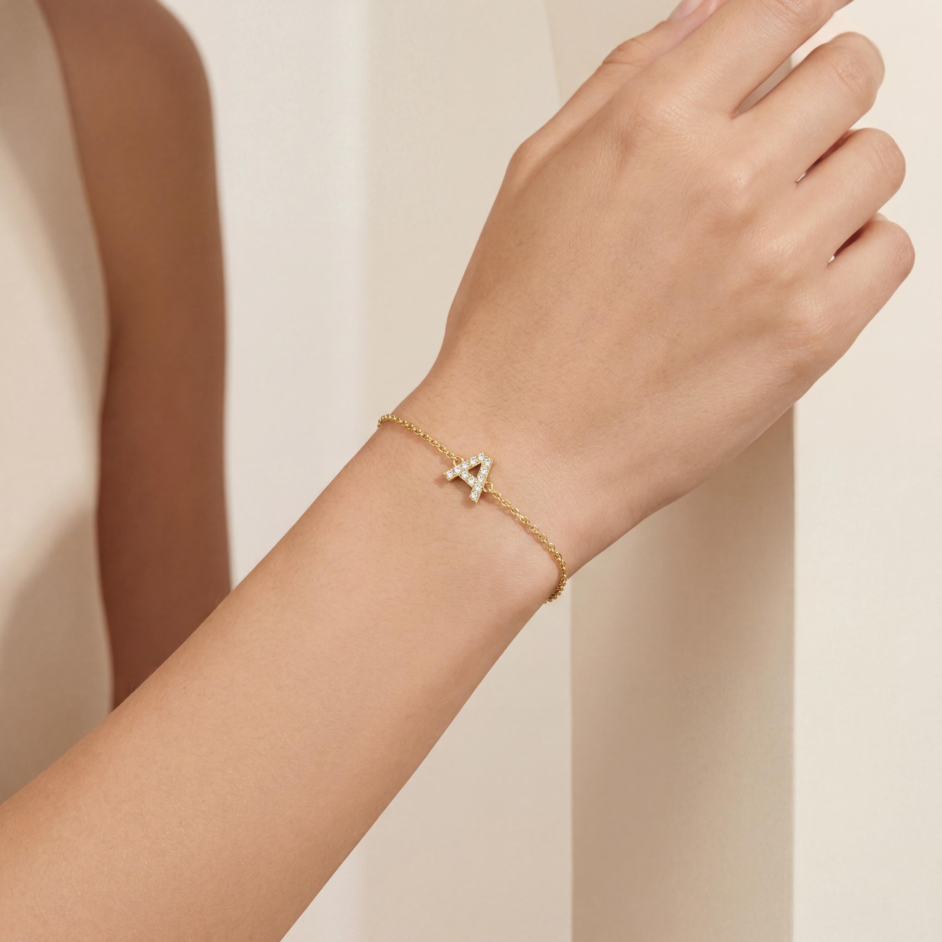 Round Diamond Pave 14K Dainty Solid Gold Initial Chain Link Bracelet