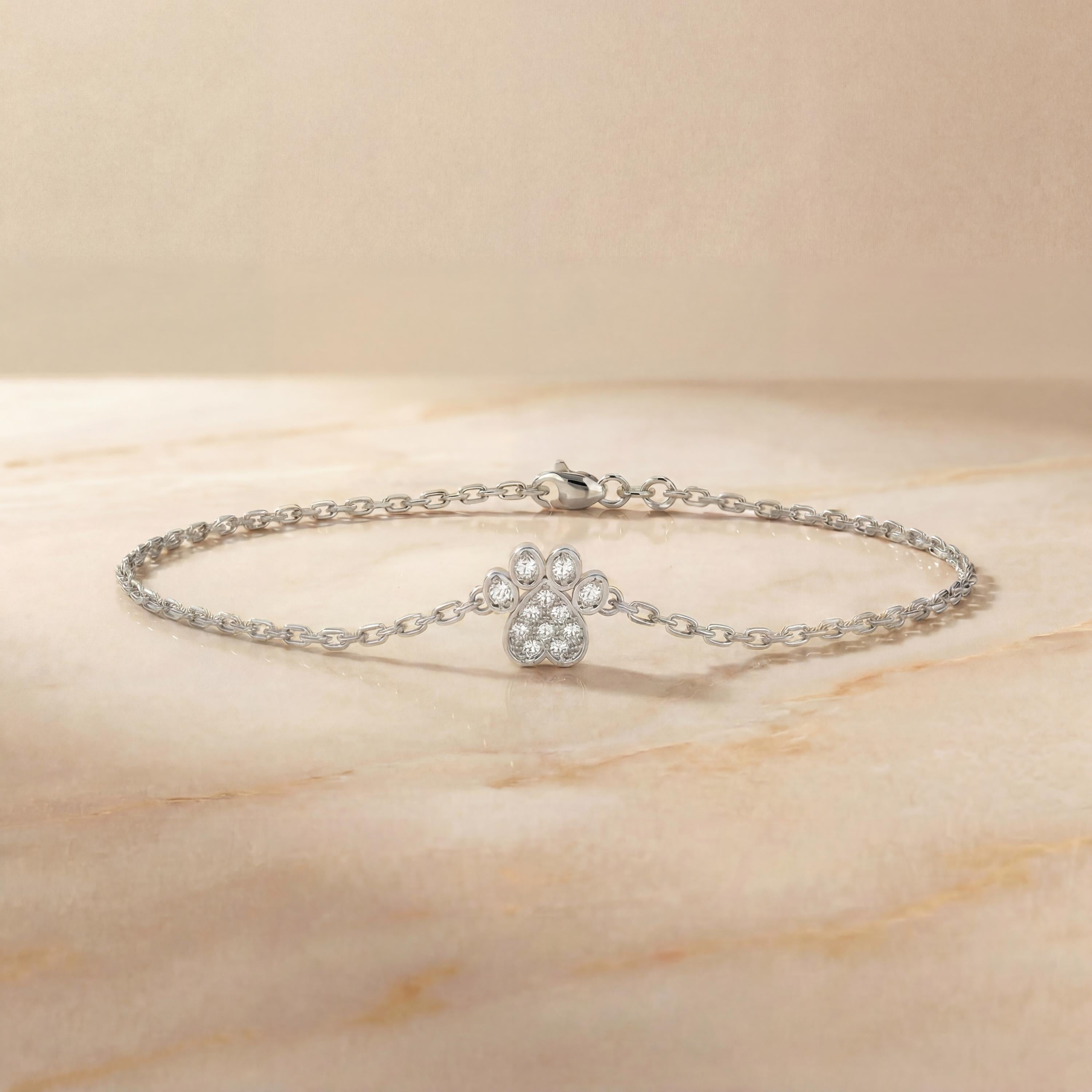 Diamond Pave Dainty 14Kt Solid Gold Dog Paw Chain Link Bracelet