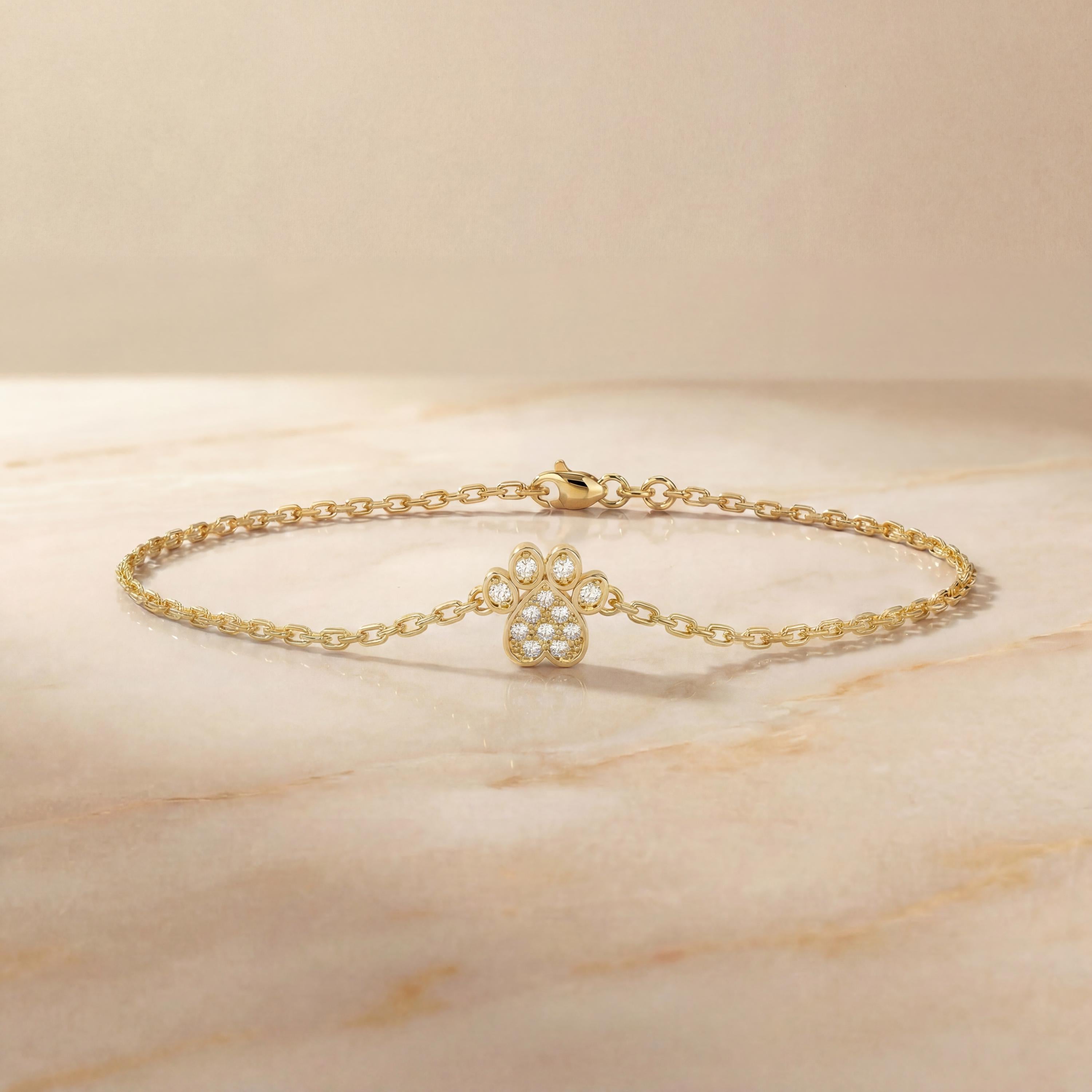 Diamond Pave Dainty 14Kt Solid Gold Dog Paw Chain Link Bracelet
