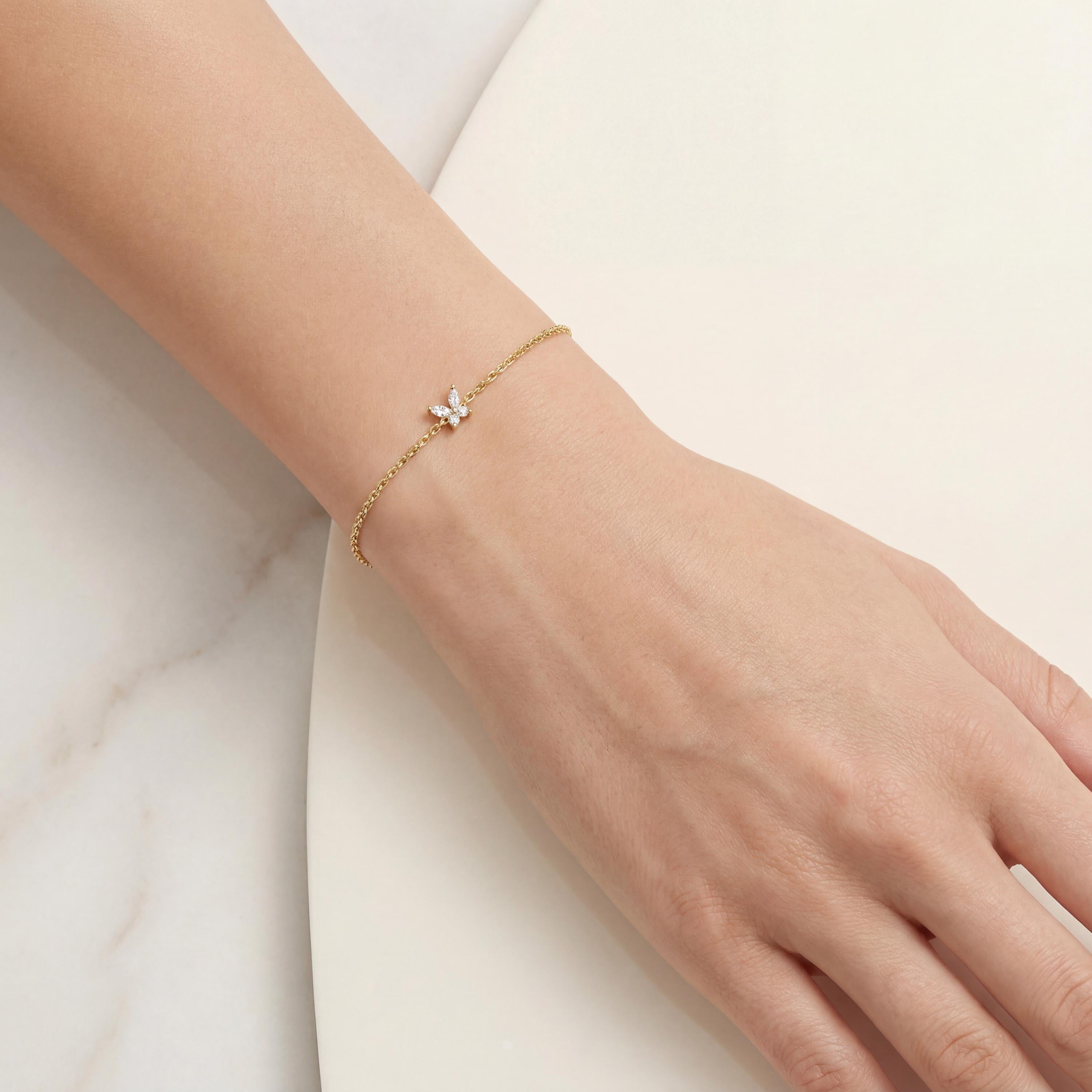 Marquise Diamond Prong Dainty 14K Solid Gold Butterfly Chain Link Bracelet