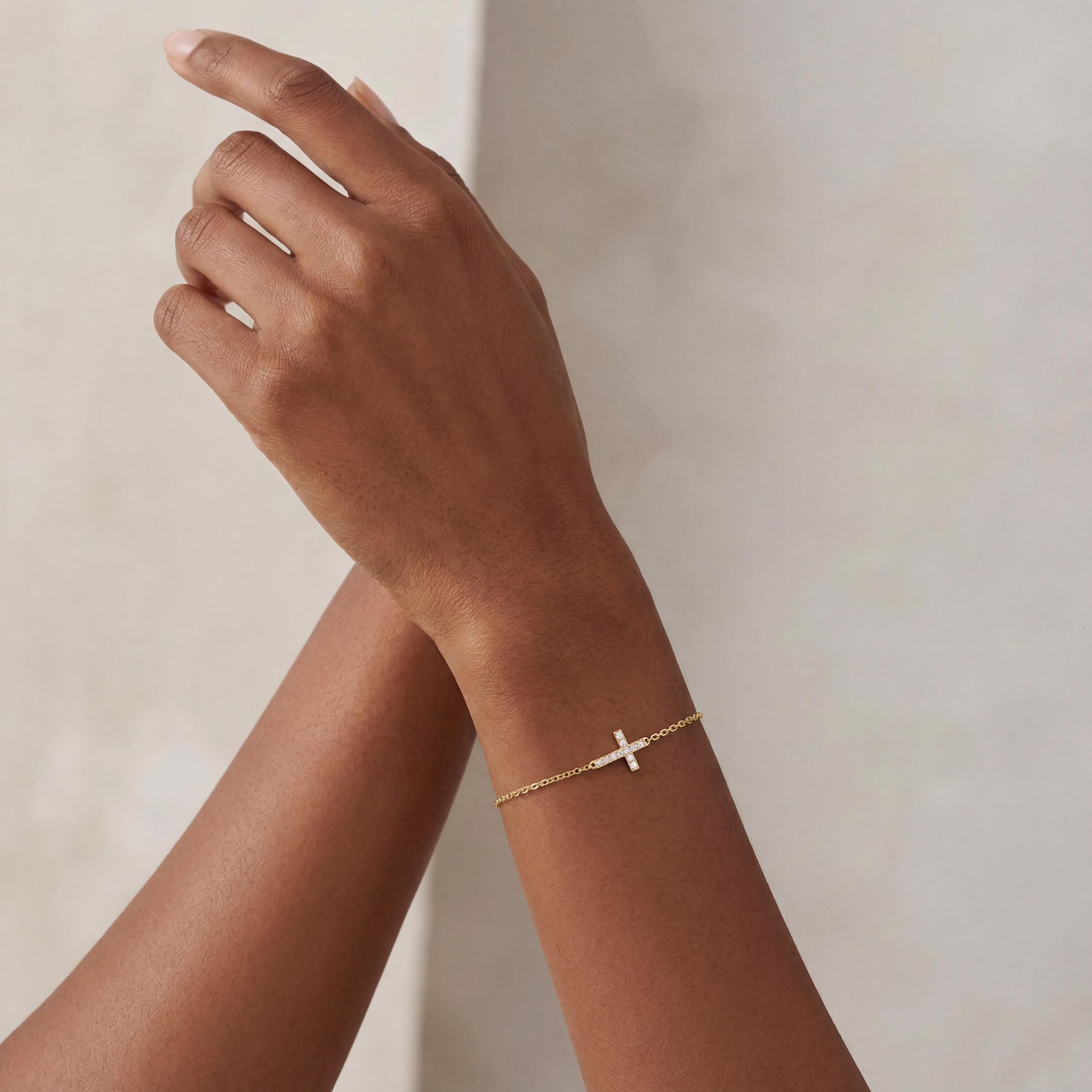 Diamond Prong Dainty 14K Solid Gold Cross Chain Link Bracelet
