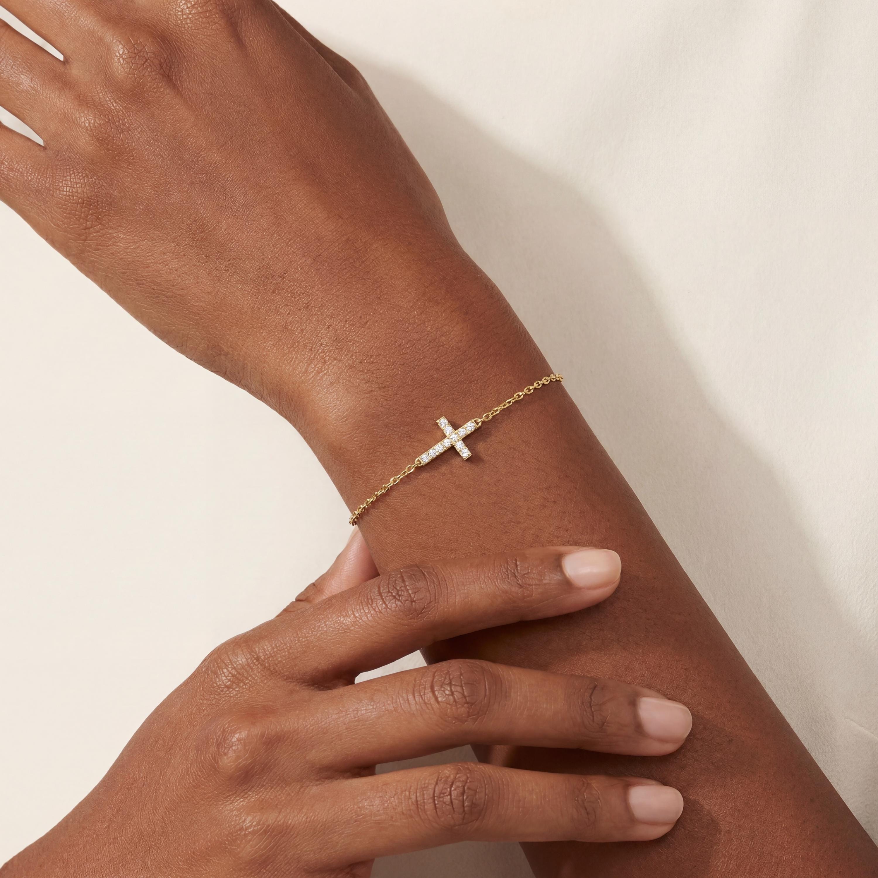 Diamond Prong Dainty 14K Solid Gold Cross Chain Link Bracelet