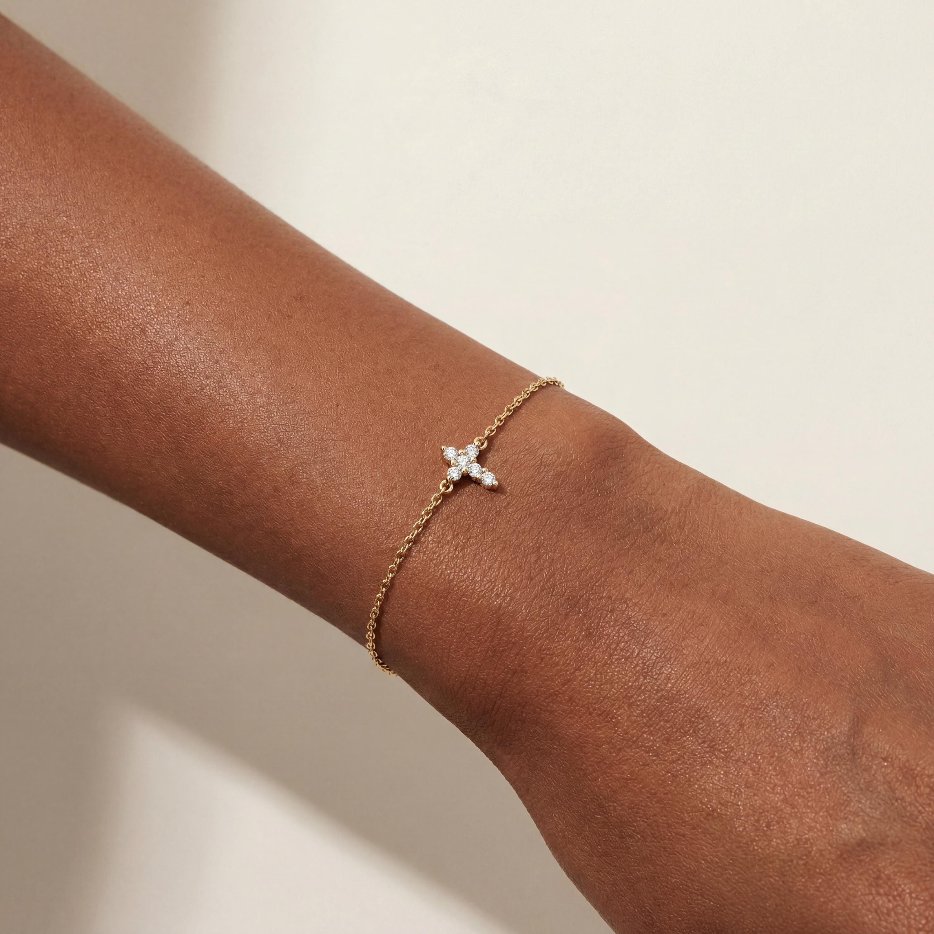 Diamond Prong Dainty 14K Solid Gold Cross Chain Link Bracelet