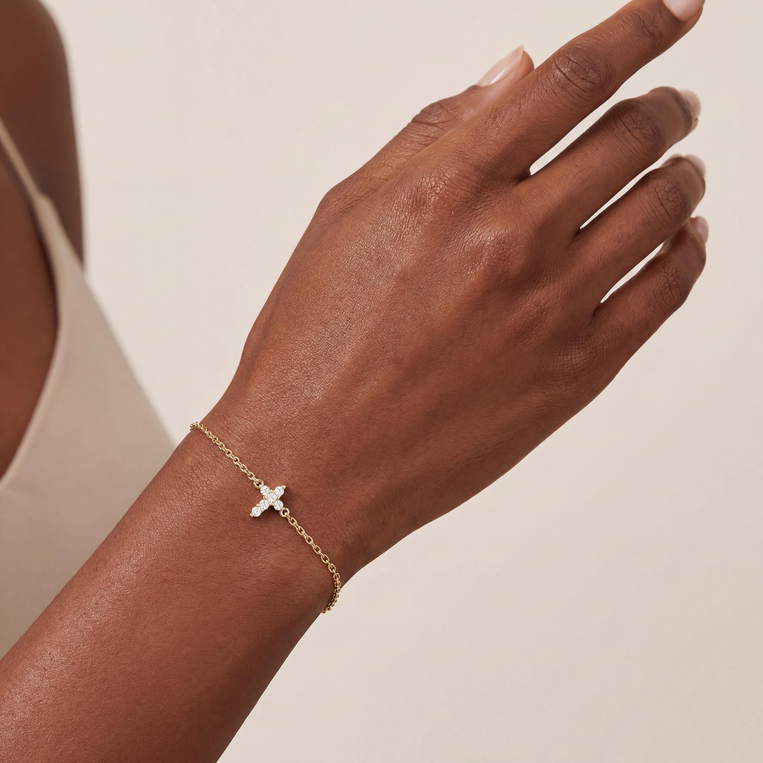 Diamond Prong Dainty 14K Solid Gold Cross Chain Link Bracelet