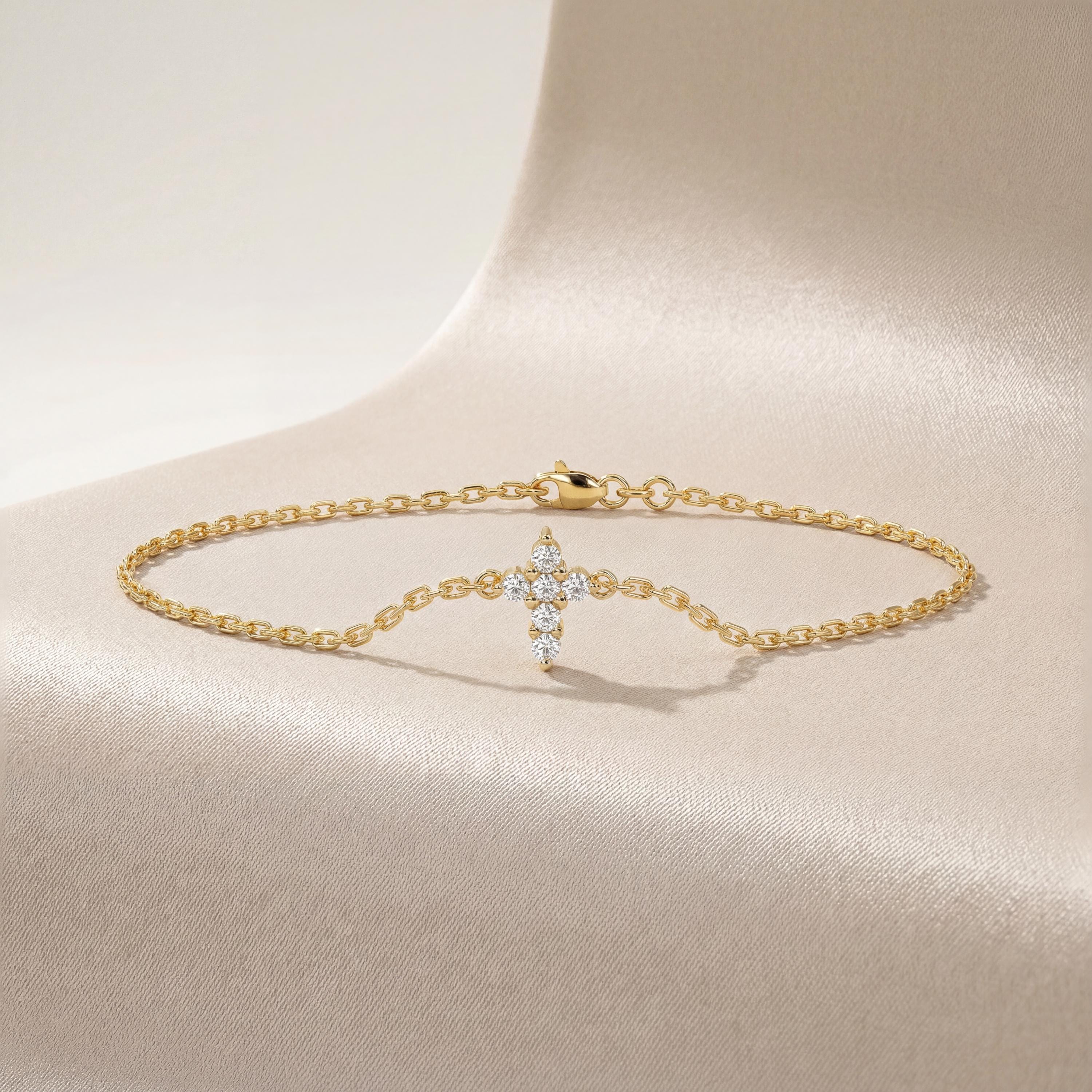 Diamond Prong Dainty 14K Solid Gold Cross Chain Link Bracelet