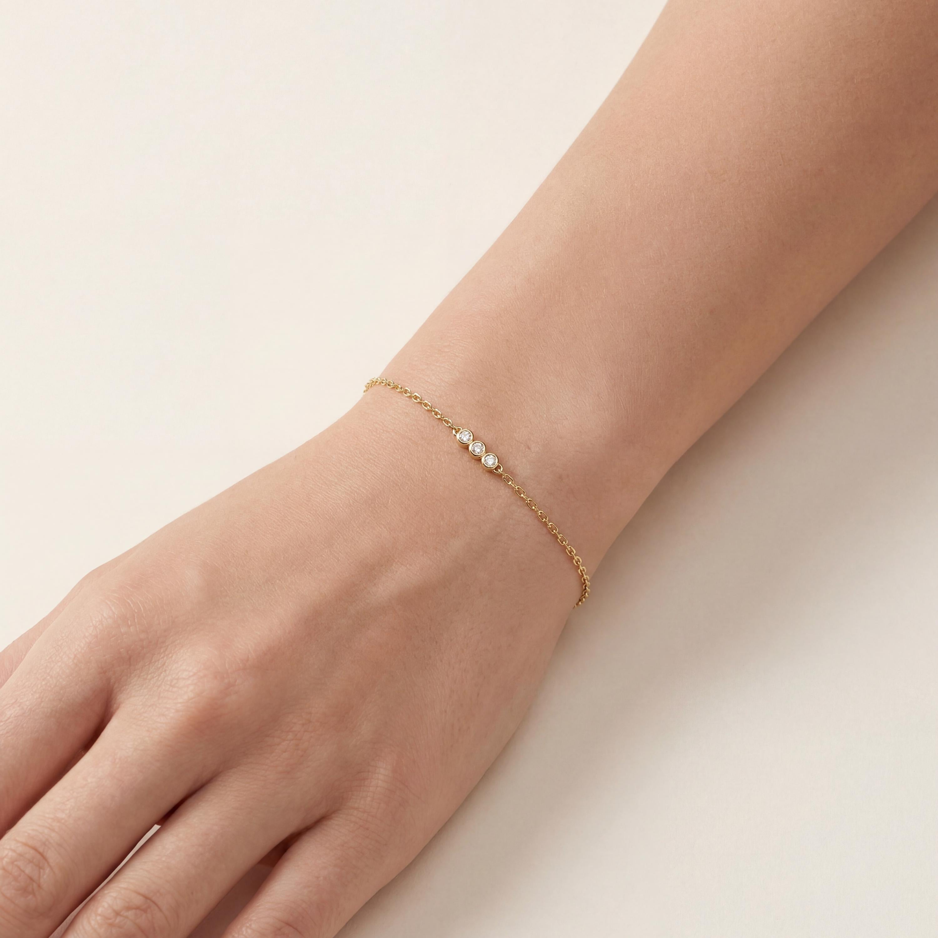 Diamond Round 3 Stone Bezel Set 14K Solid Gold Chain Link Bracelet