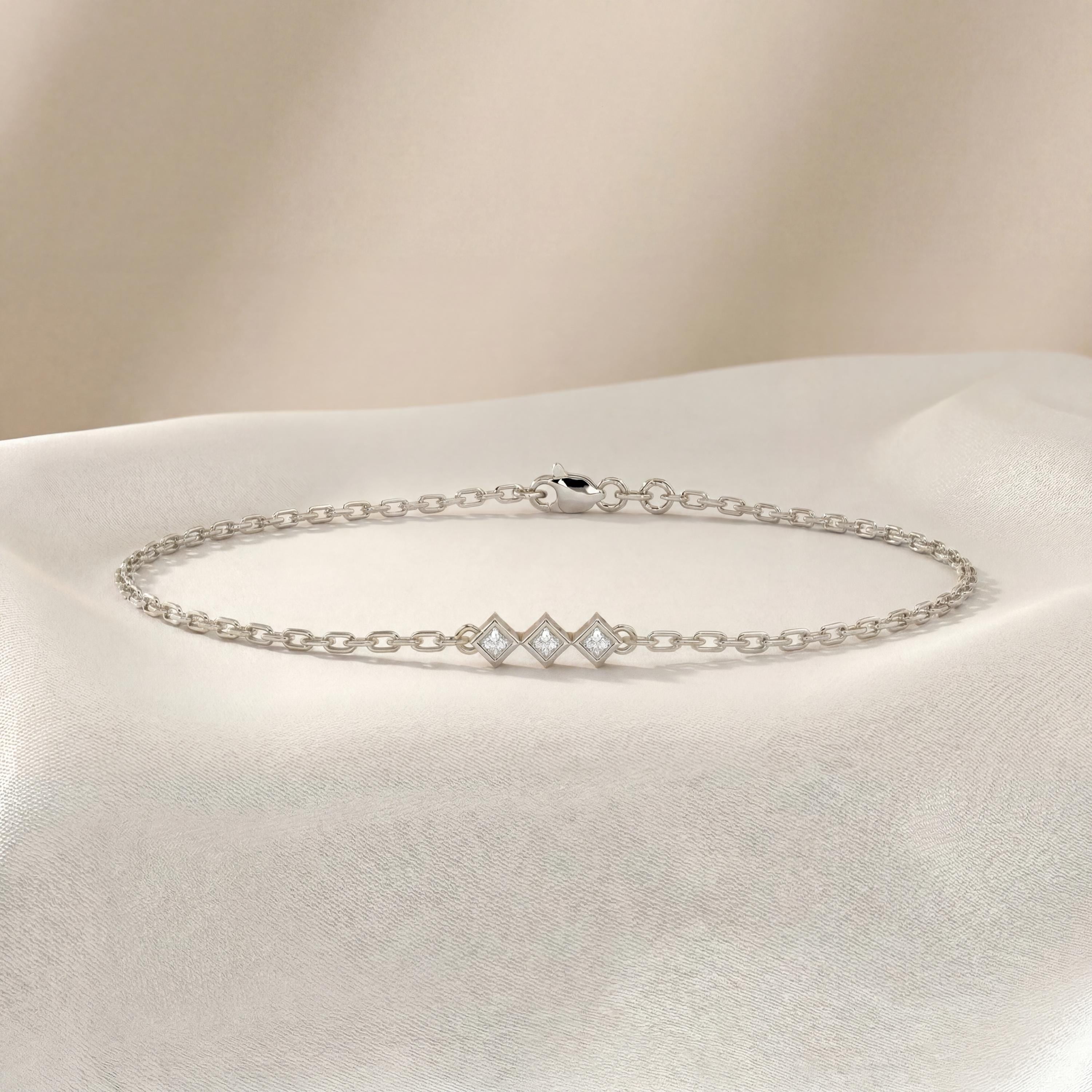 Princess Cut Diamond 3 Stone Bezel Set 14K Solid Gold Chain Link Bracelet