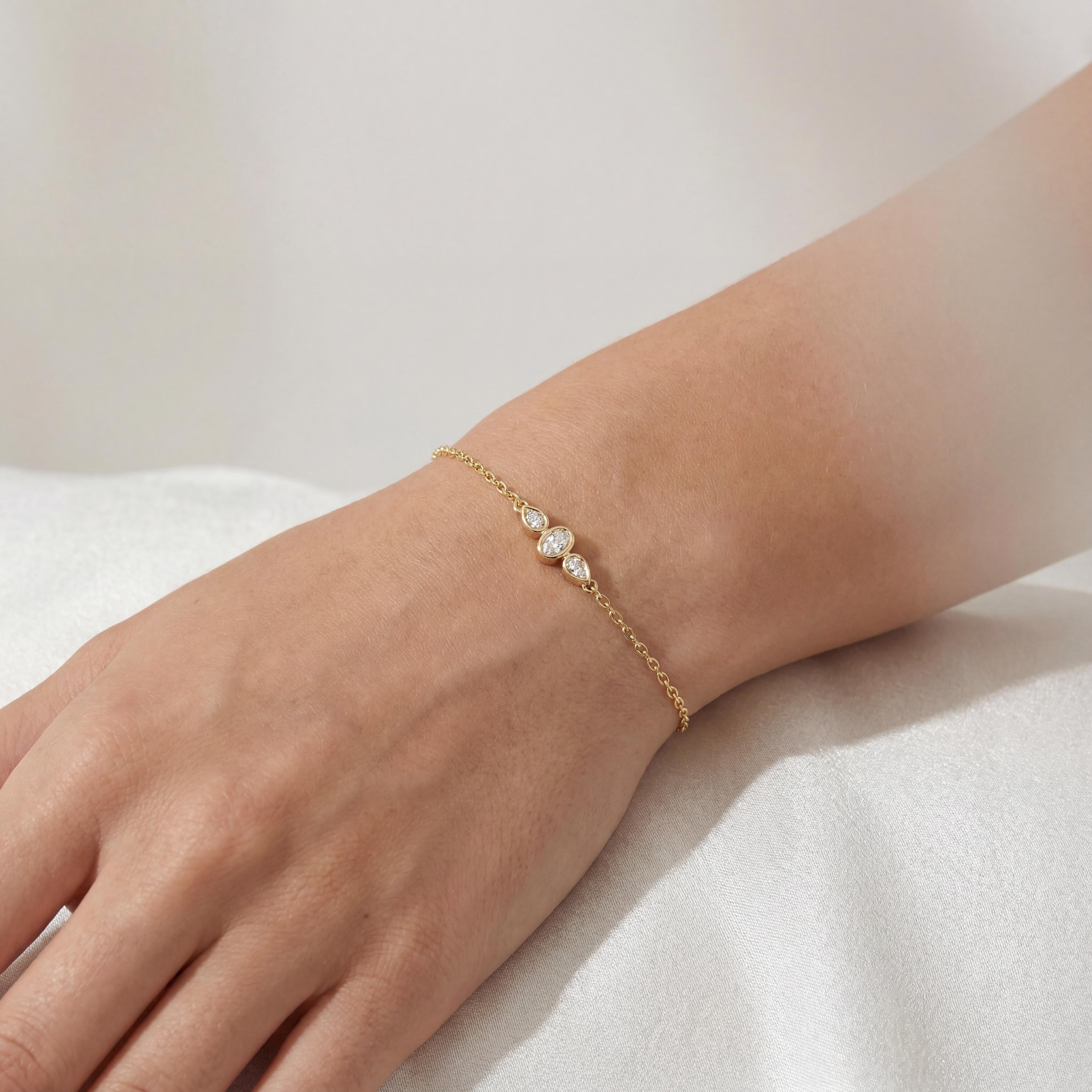 Oval & Pear Diamond 3 Stone Bezel Set 14K Solid Gold Chain Link Bracelet