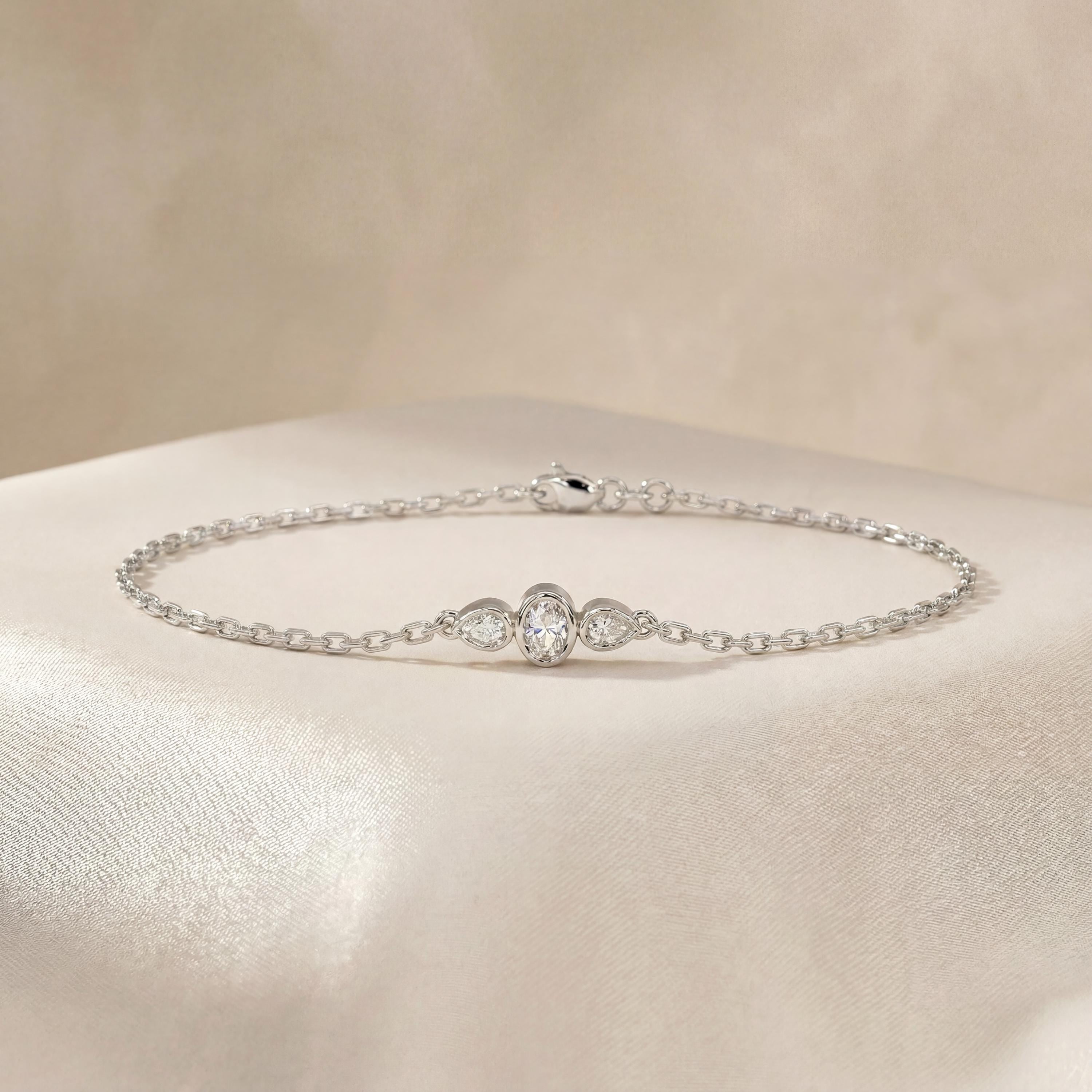 Oval & Pear Diamond 3 Stone Bezel Set 14K Solid Gold Chain Link Bracelet