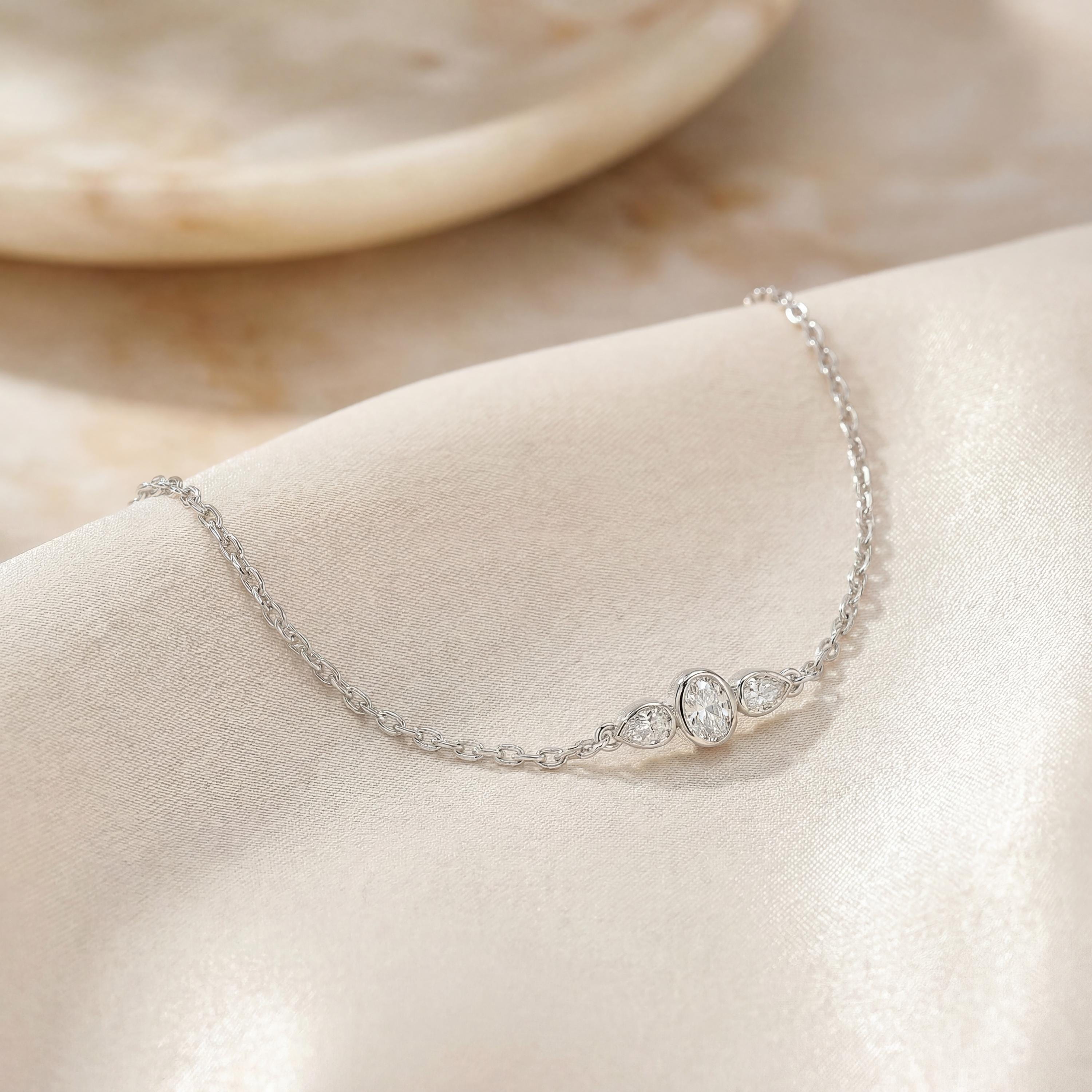 Oval & Pear Diamond 3 Stone Bezel Set 14K Solid Gold Chain Link Bracelet