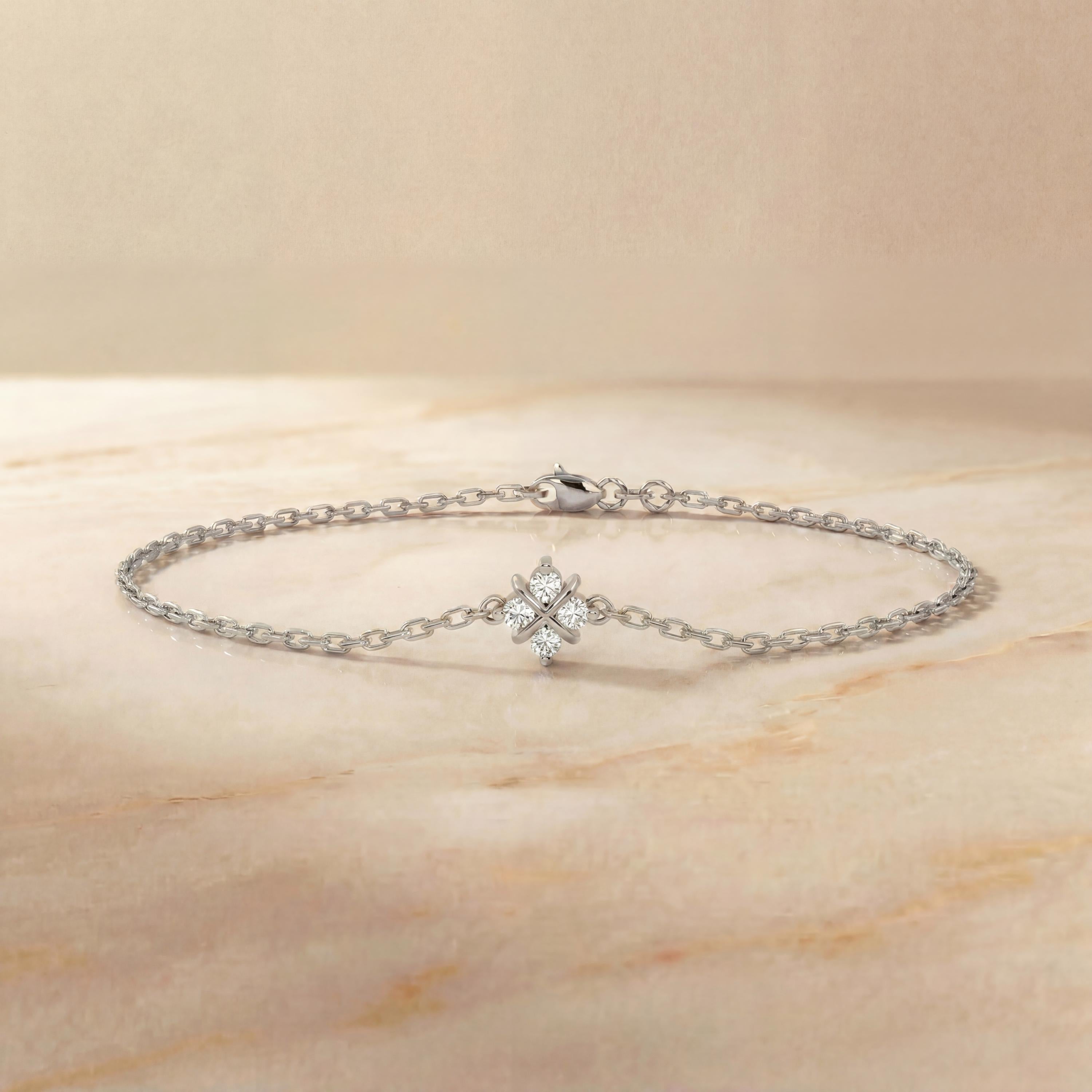 Diamond Round 4 Stone Prong Set 14K Solid Gold Chain Link Bracelet
