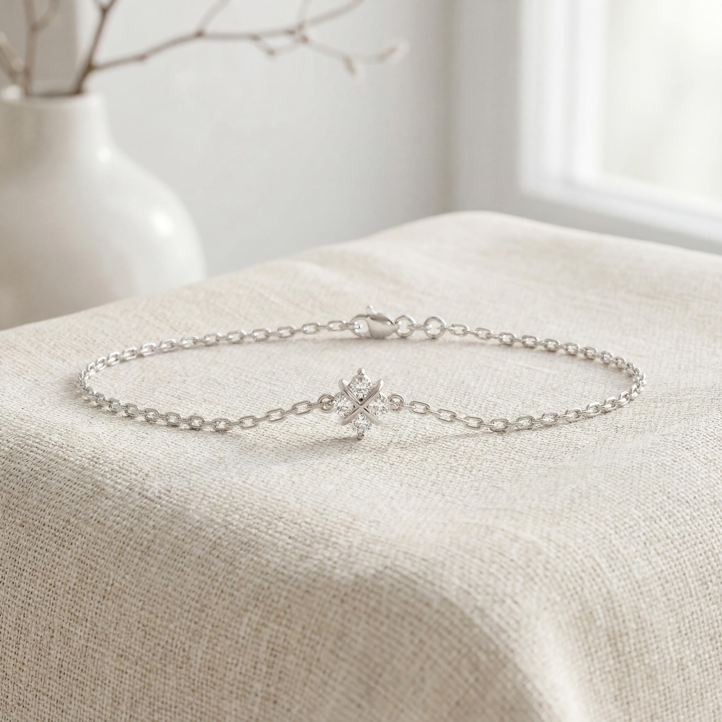 Diamond Round 4 Stone Prong Set 14K Solid Gold Chain Link Bracelet