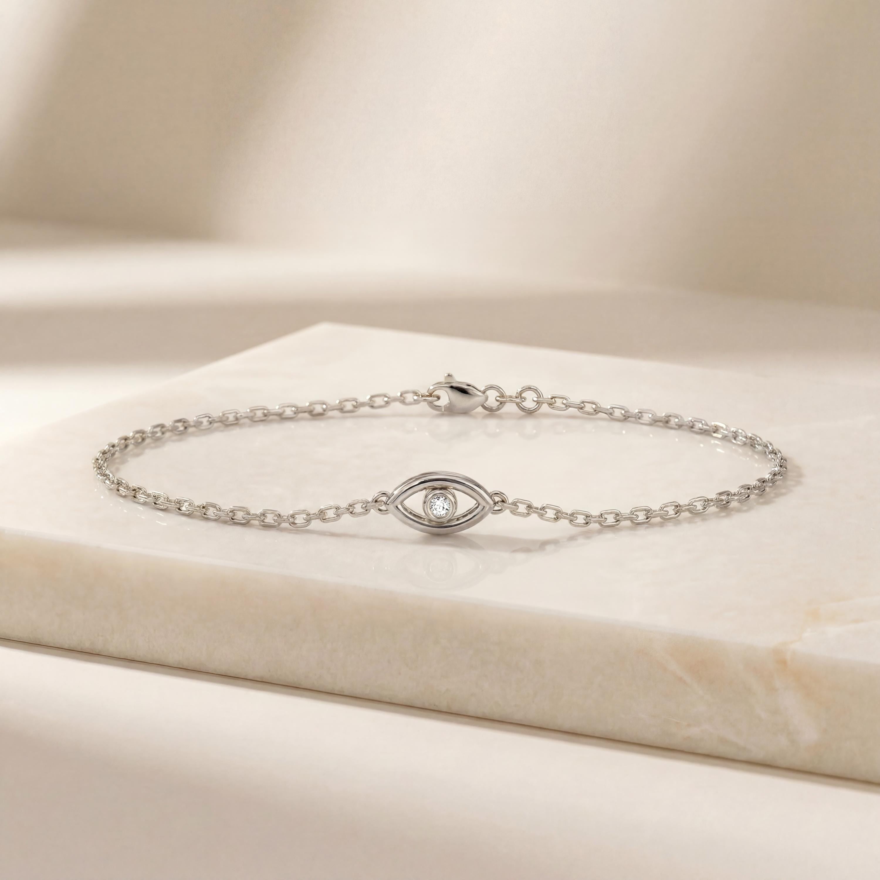 Diamond Eye Bezel Set 14K Solid Gold Chain Link Bracelet