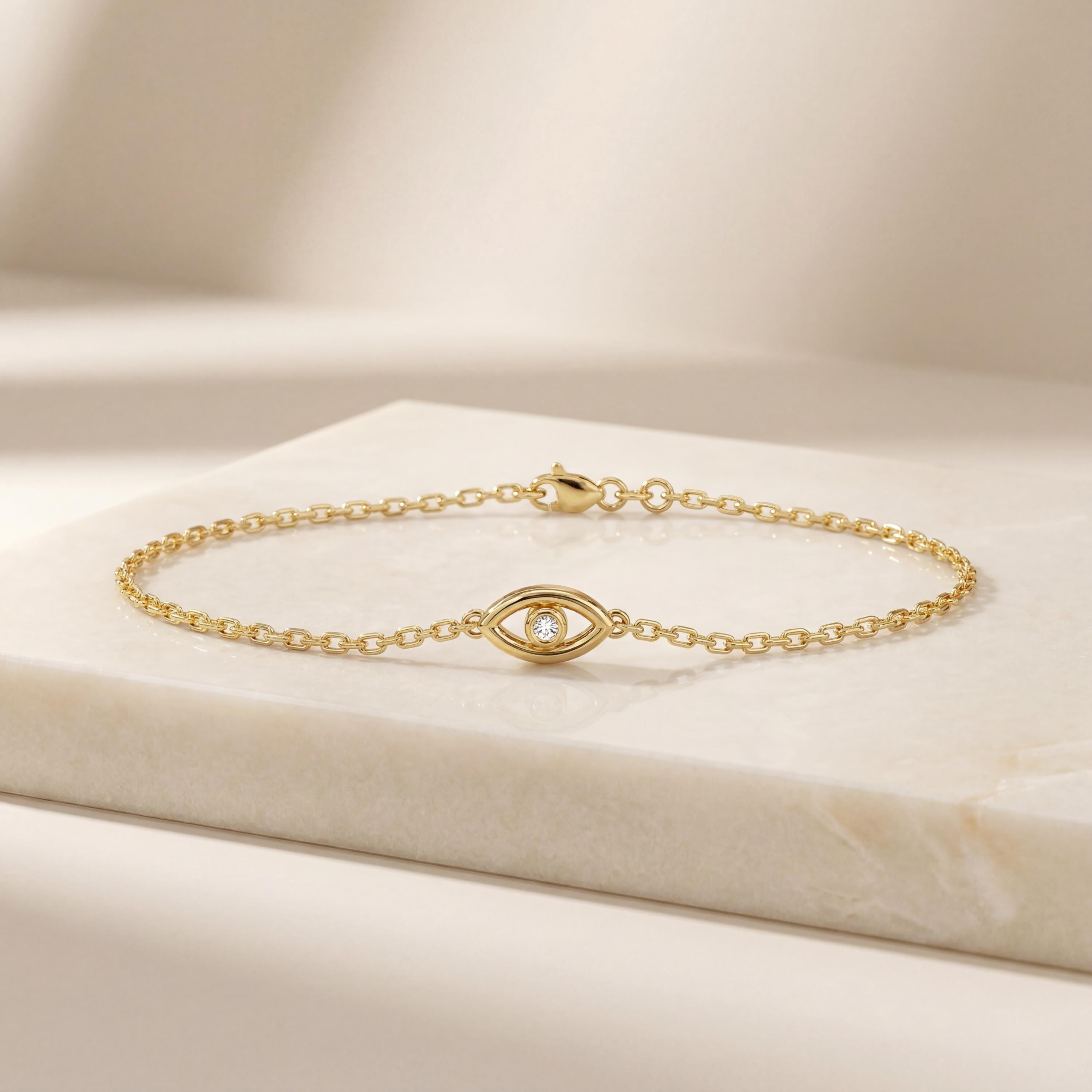 Diamond Eye Bezel Set 14K Solid Gold Chain Link Bracelet