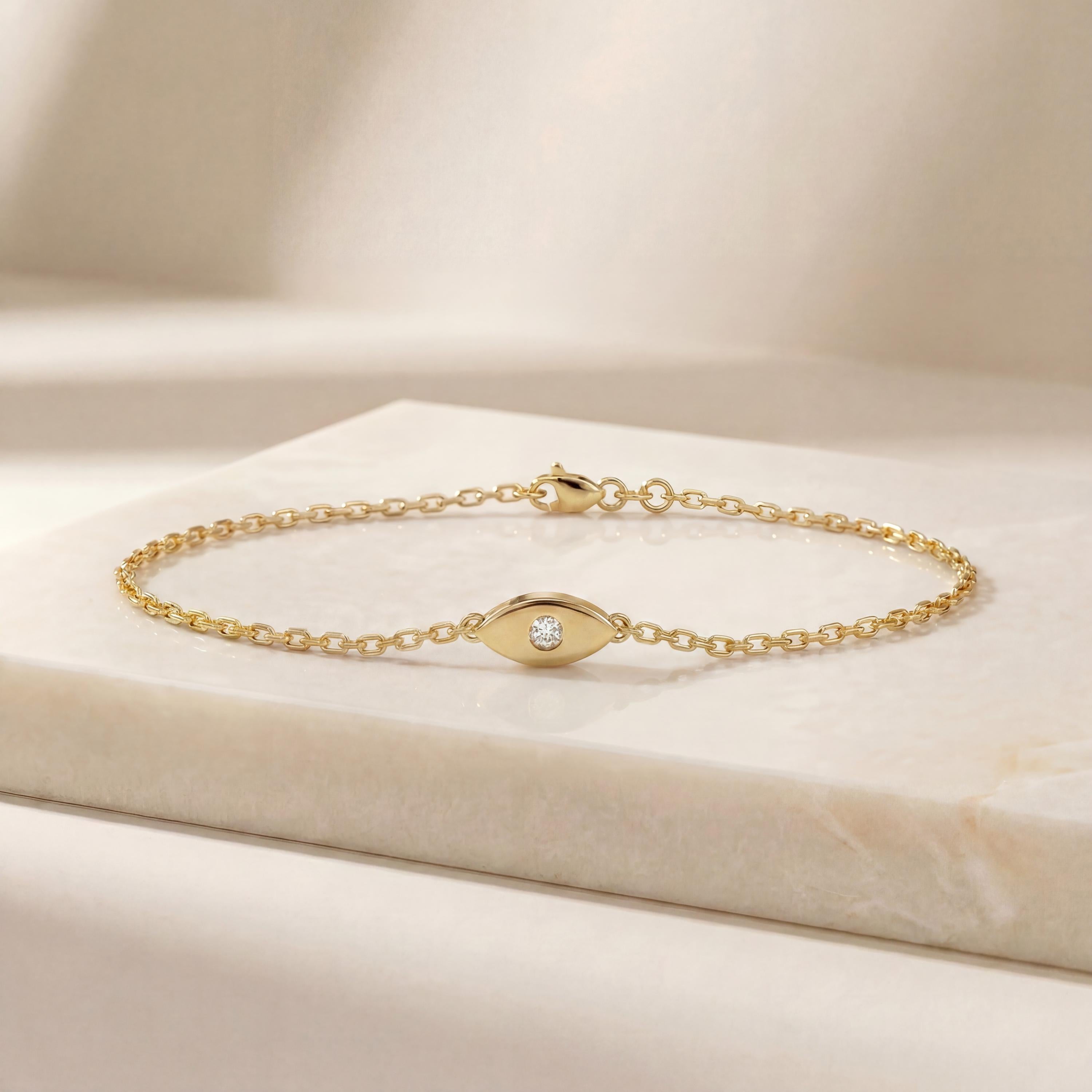 Marquise Shape Diamond Eye Bezel Set 14K Solid Gold Chain Link Bracelet