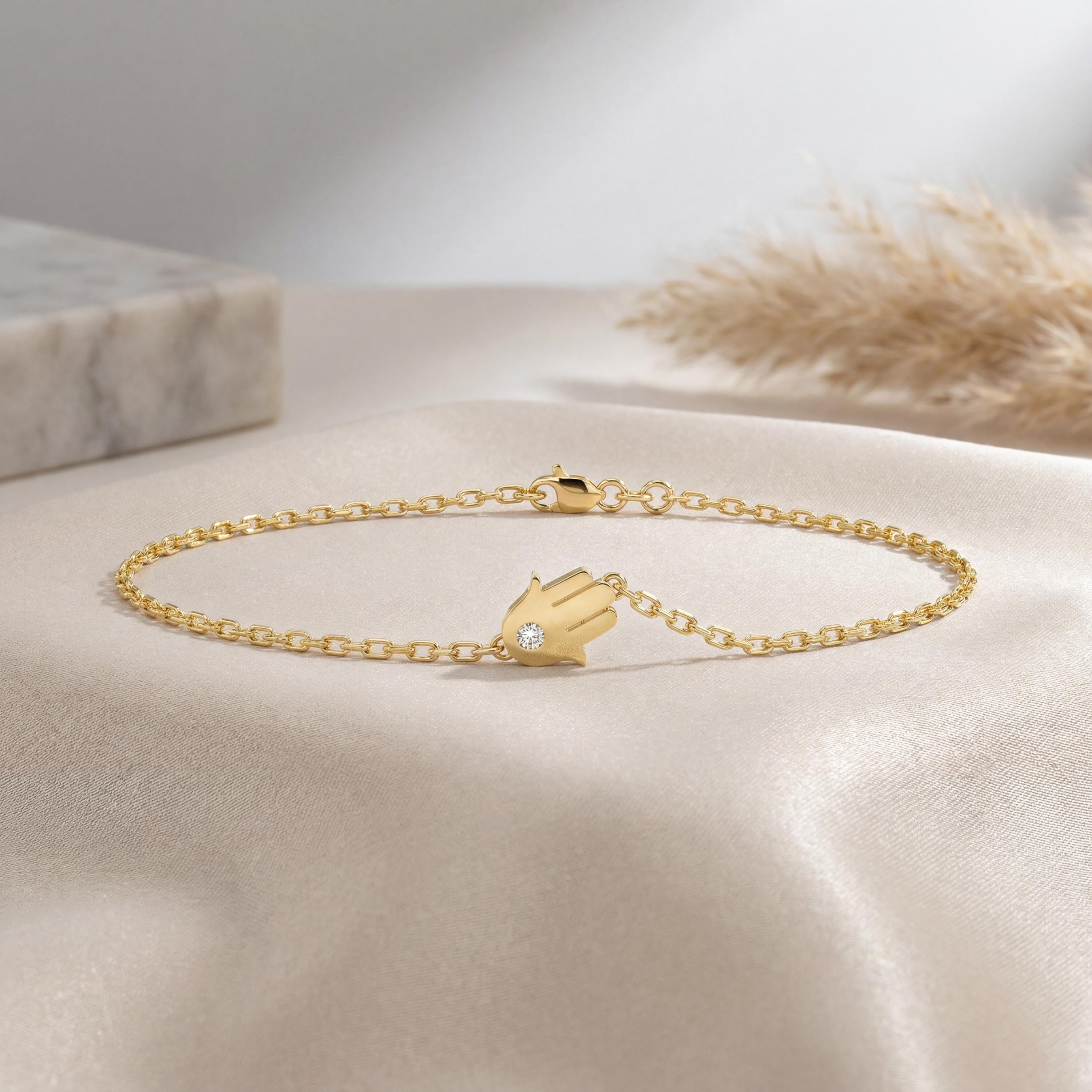 Diamond Hamsa Hand Solid 14K Gold Dainty Chain Link Bracelet
