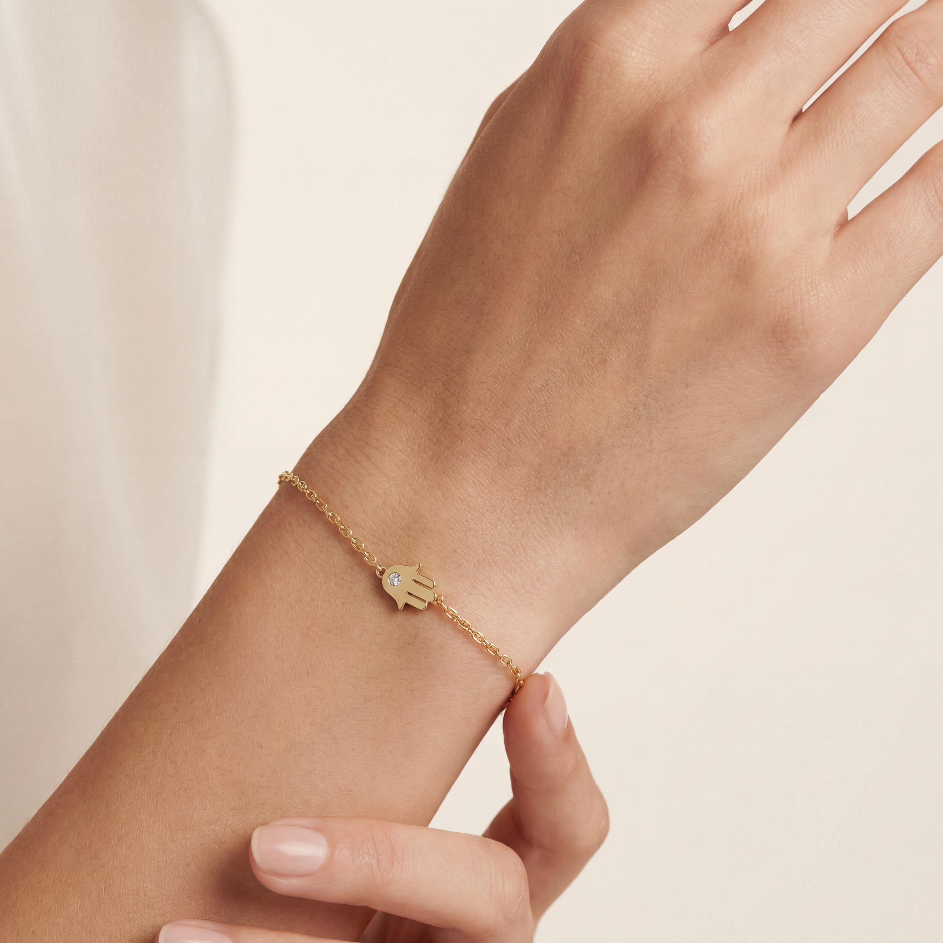 Diamond Hamsa Hand Solid 14K Gold Dainty Chain Link Bracelet