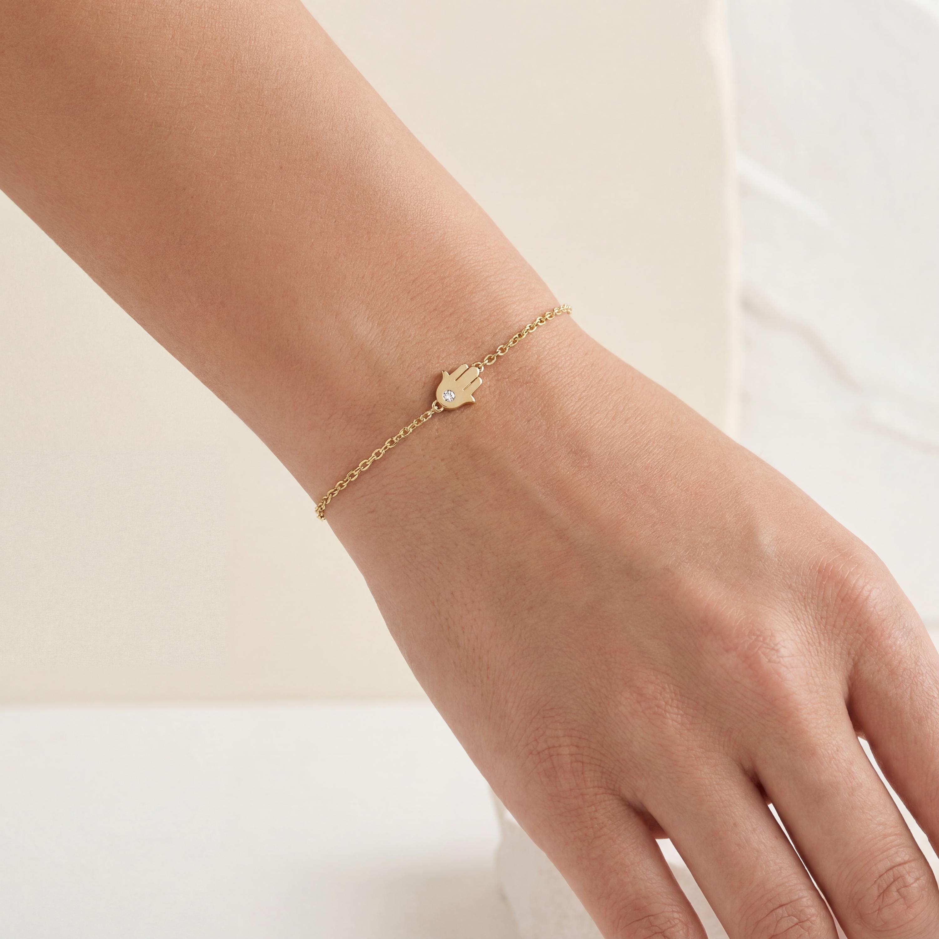 Diamond Hamsa Hand Solid 14K Gold Dainty Chain Link Bracelet