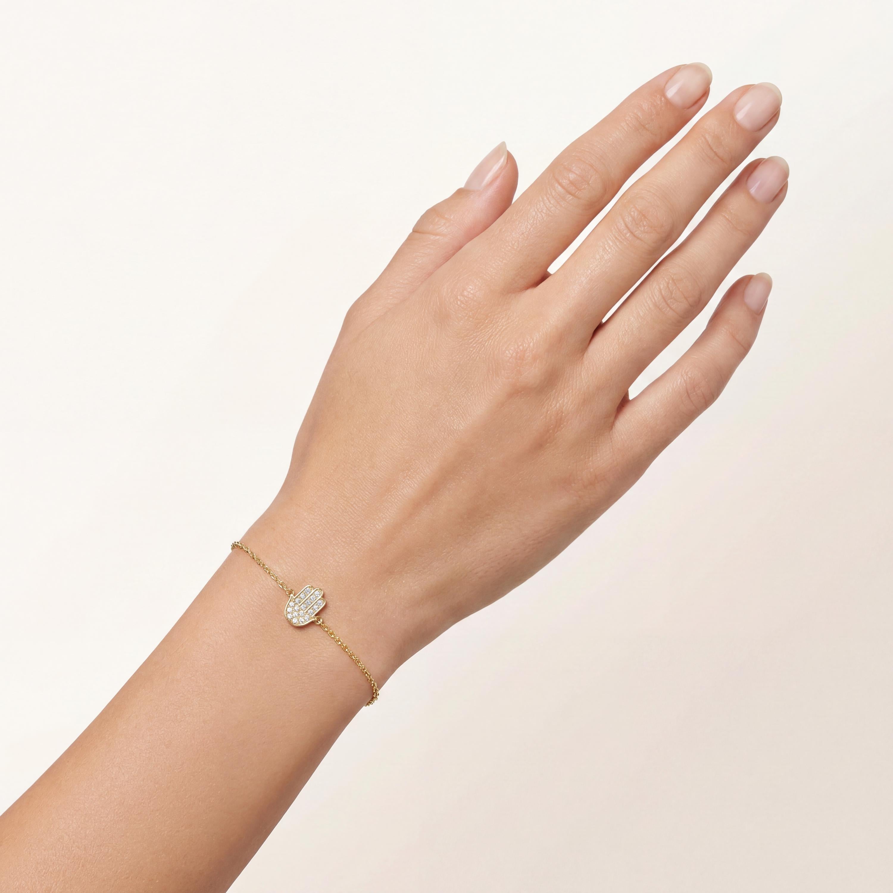 Diamond Hamsa Hand 14K Solid Gold Dainty Chain Link Bracelet