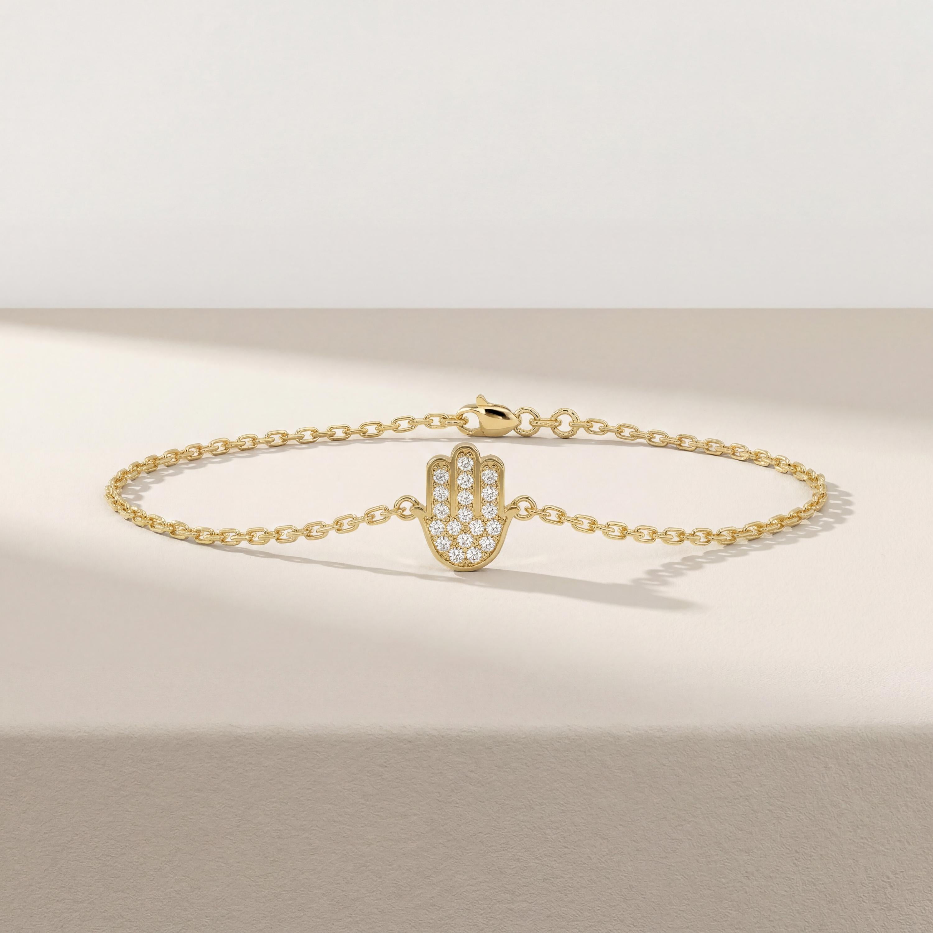 Diamond Hamsa Hand 14K Solid Gold Dainty Chain Link Bracelet