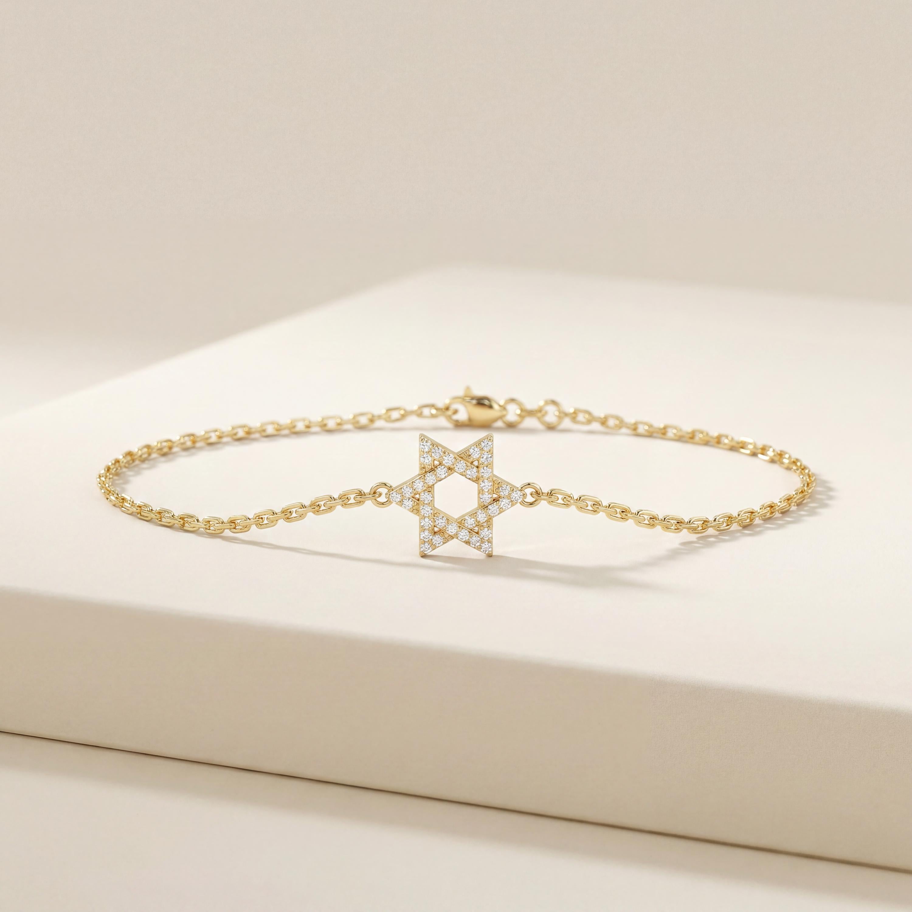 Star Of David 14K Solid Gold Dainty Chain Link Bracelet