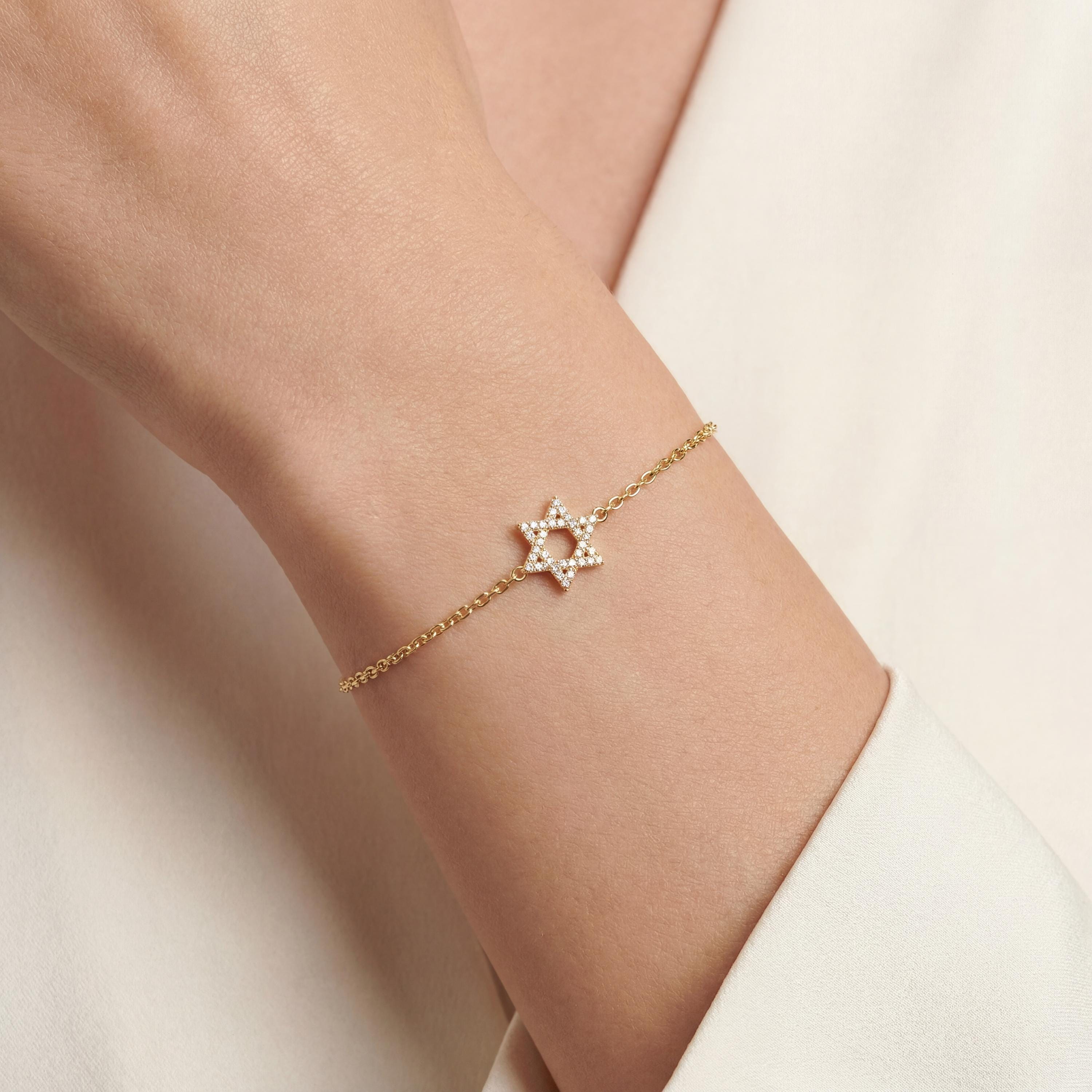 Star Of David 14K Solid Gold Dainty Chain Link Bracelet