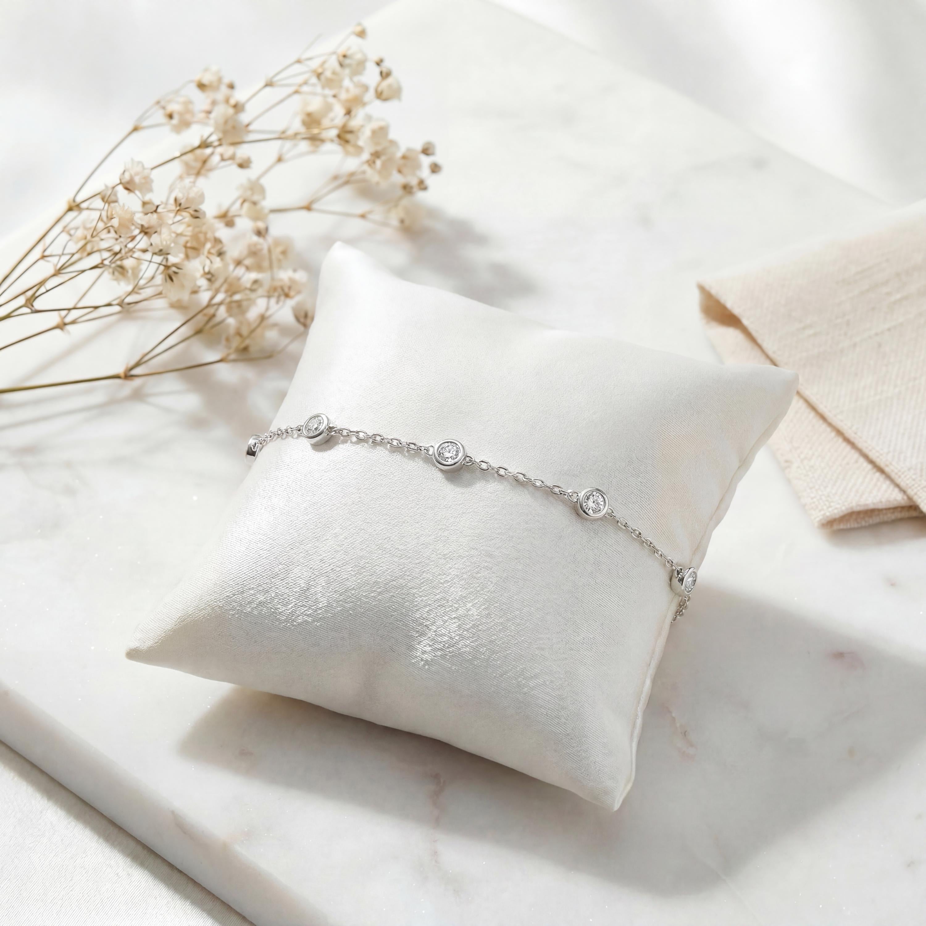 Round Diamond By The Yard Bezel Set 14K Solid Gold Chain Link Bracelet
