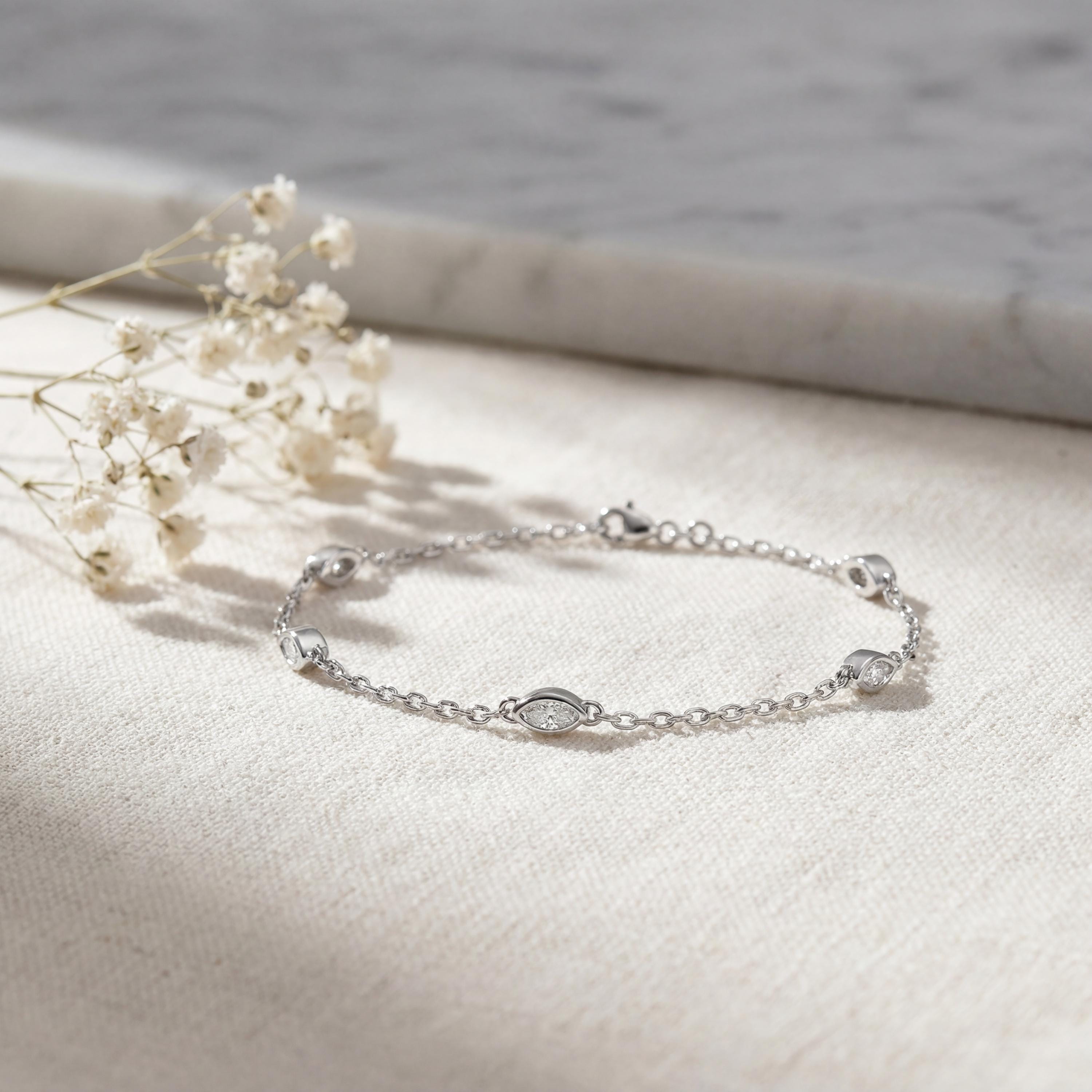 Marquise Diamond By The Yard Bezel Set 14K Solid Gold Chain Link Bracelet