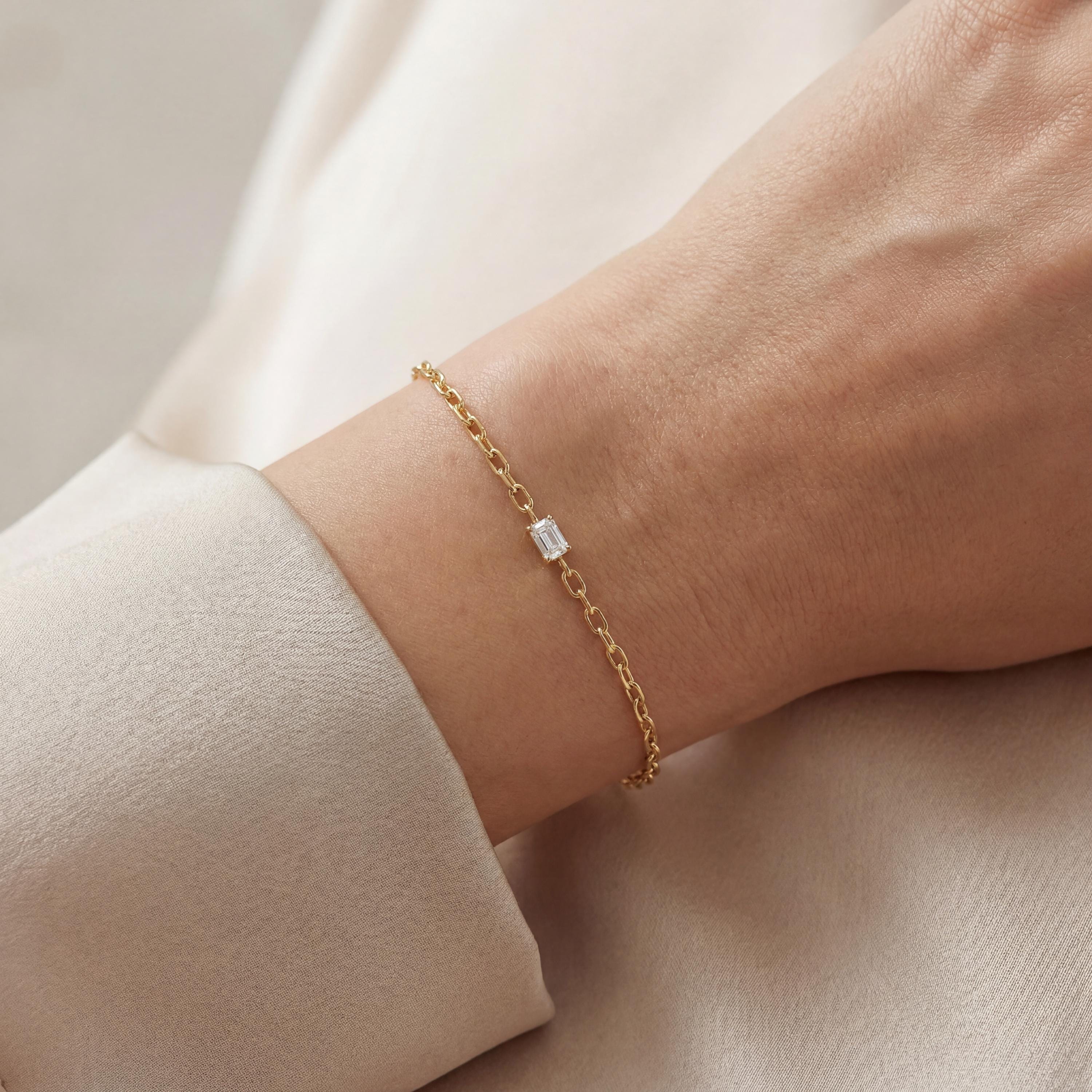 Emerald Cut Diamond Solitaire 14K Solid Gold Paperclip Link Bracelet