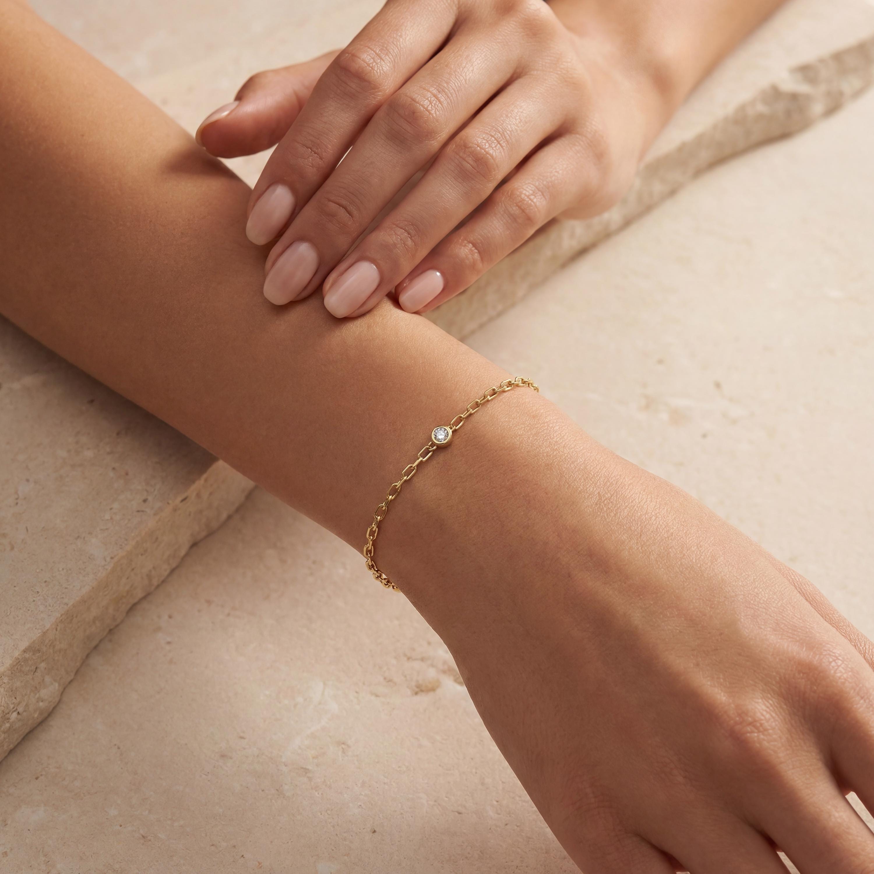 Round Brilliant Cut Solitaire Bezel Set Diamond 14K Solid Gold Paperclip Link Bracelet