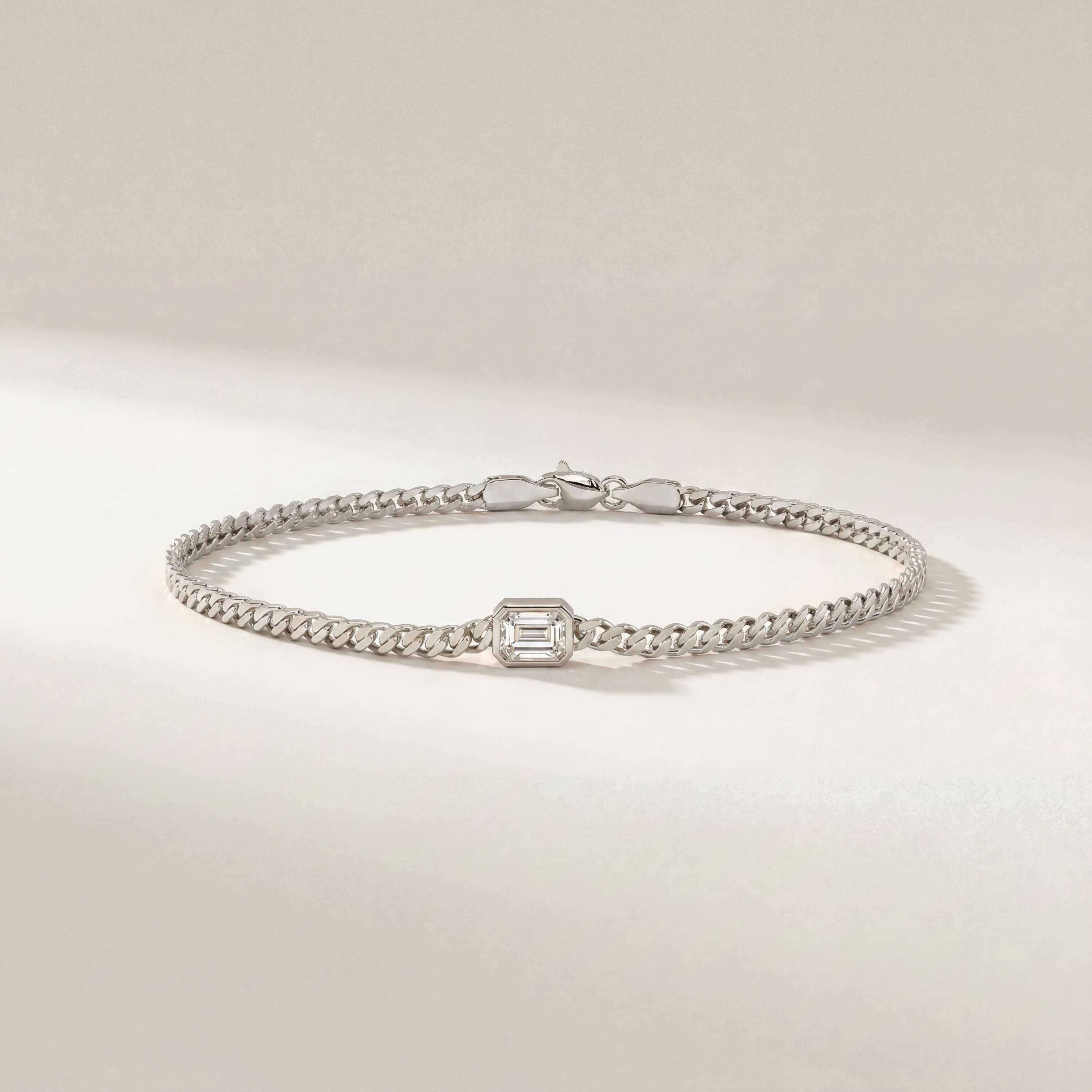 Emerald Cut Bezel Set Diamond Solitaire 14K Solid Gold Cuban Curb Link Bracelet