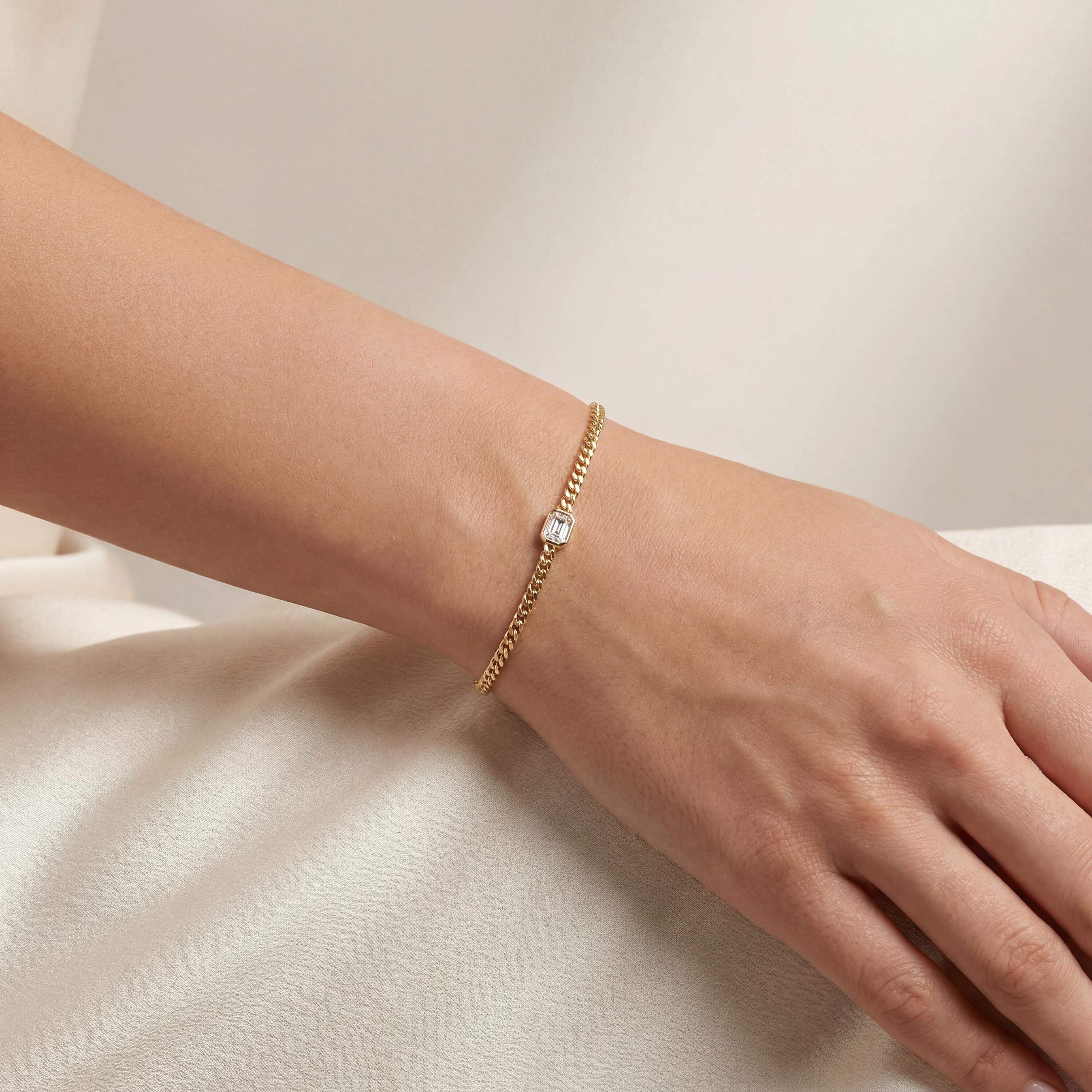 Emerald Cut Bezel Set Diamond Solitaire 14K Solid Gold Cuban Curb Link Bracelet