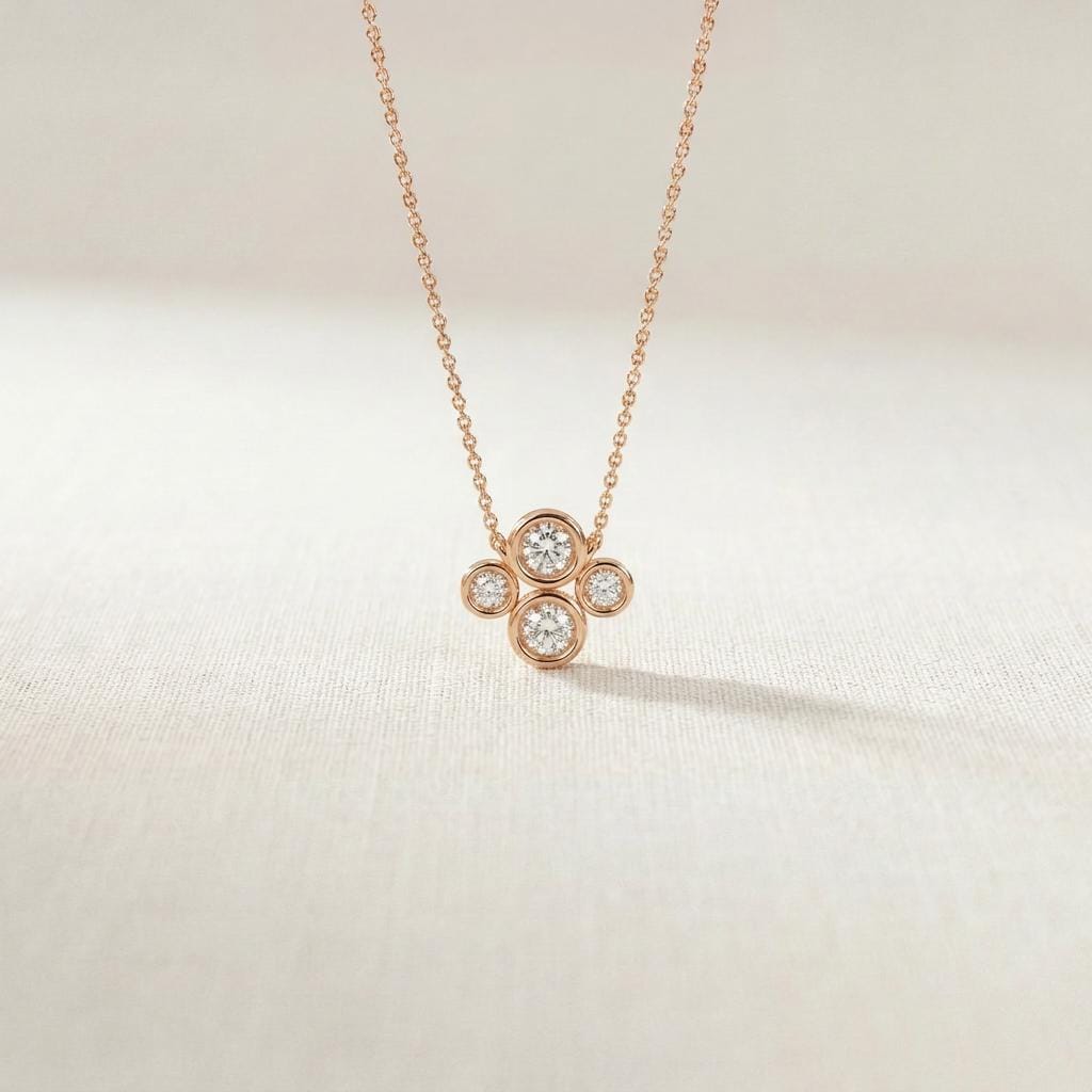 Round Diamond Four Stone Cluster Dainty Necklace 14K Solid Gold Pendant