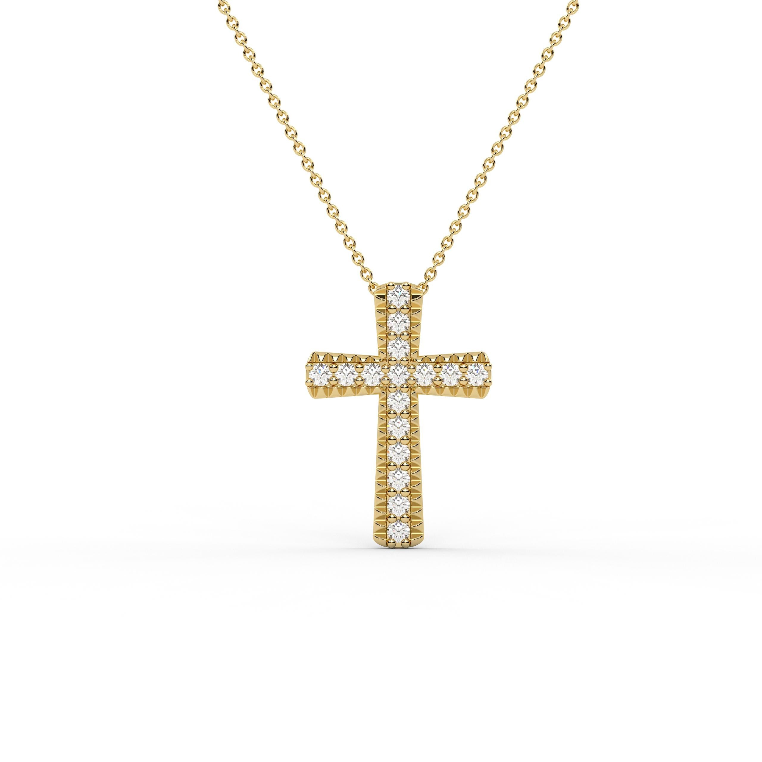 Round Diamond Rigged Dainty Cross 14K Solid Gold Pendant Necklace