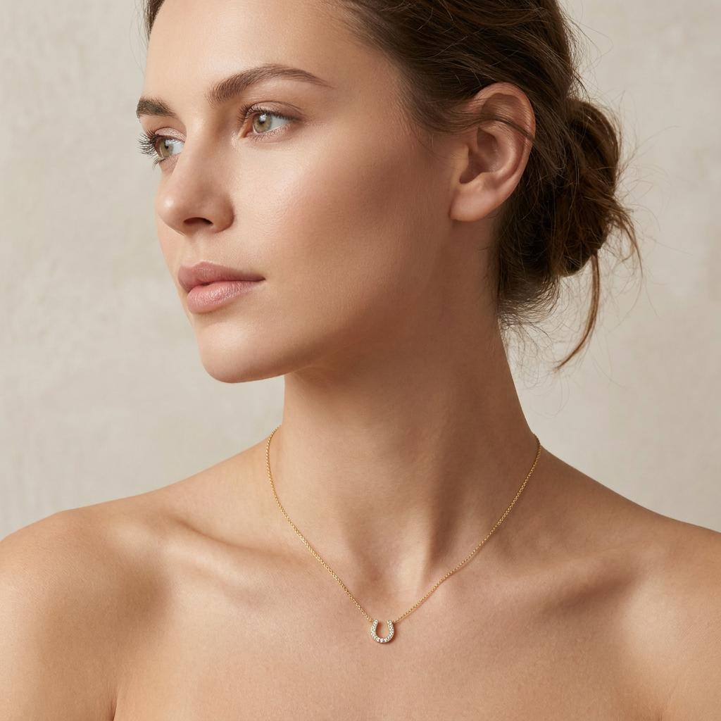 Round Diamond Pave 14K Dainty Solid Gold Horseshoe Pendant Necklace
