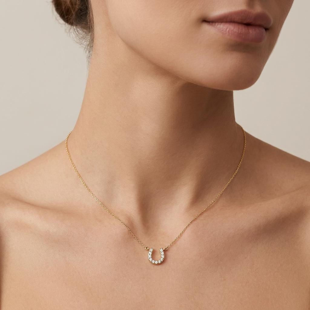 Round Diamond Pave 14K Dainty Solid Gold Horseshoe Pendant Necklace