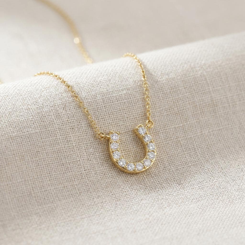 Round Diamond Pave 14K Dainty Solid Gold Horseshoe Pendant Necklace