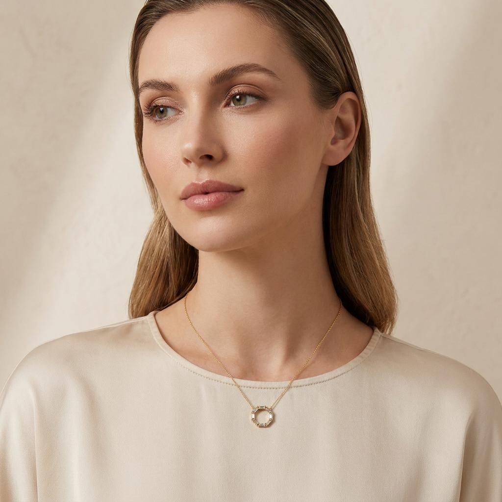 Baguette Diamond Octagon Dainty 14K Solid Gold Pendant Necklace