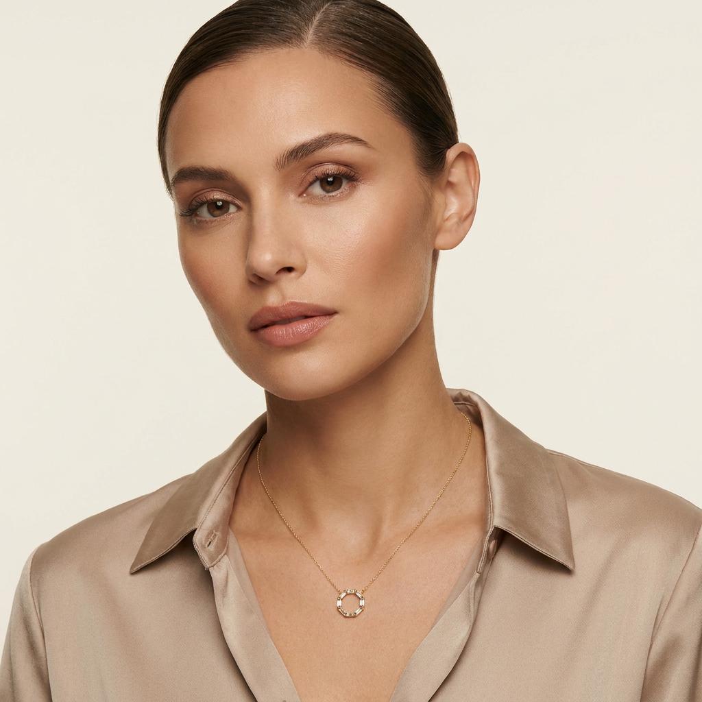 Baguette Diamond Octagon Dainty 14K Solid Gold Pendant Necklace