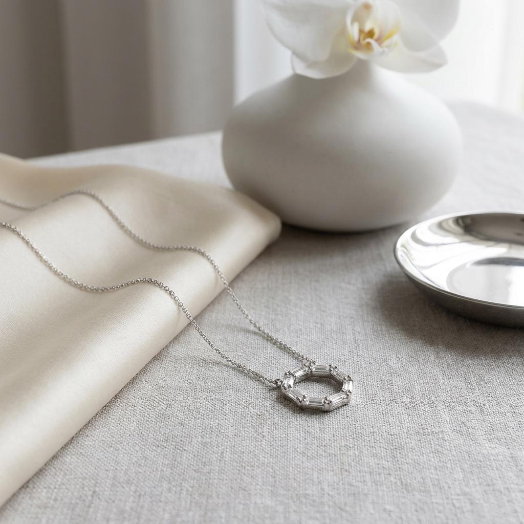 Baguette Diamond Octagon Dainty 14K Solid Gold Pendant Necklace