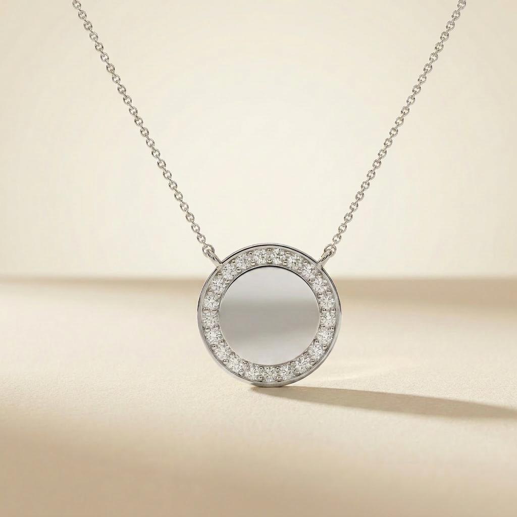 Round Diamond Halo Disc 14K Solid Gold Pendant Necklace