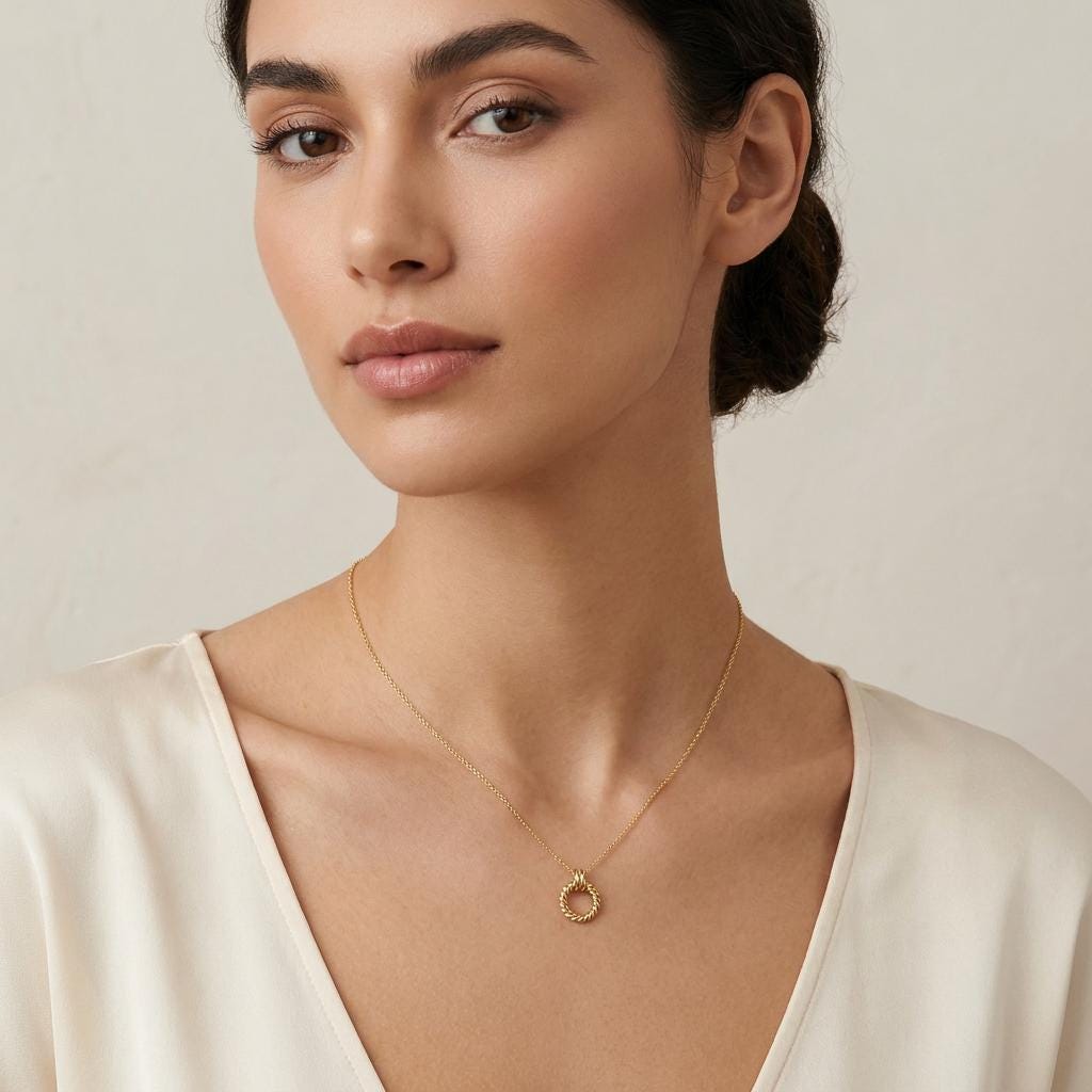 Twisted Love Knot Rope Circle 14K Solid Gold Pendant Necklace