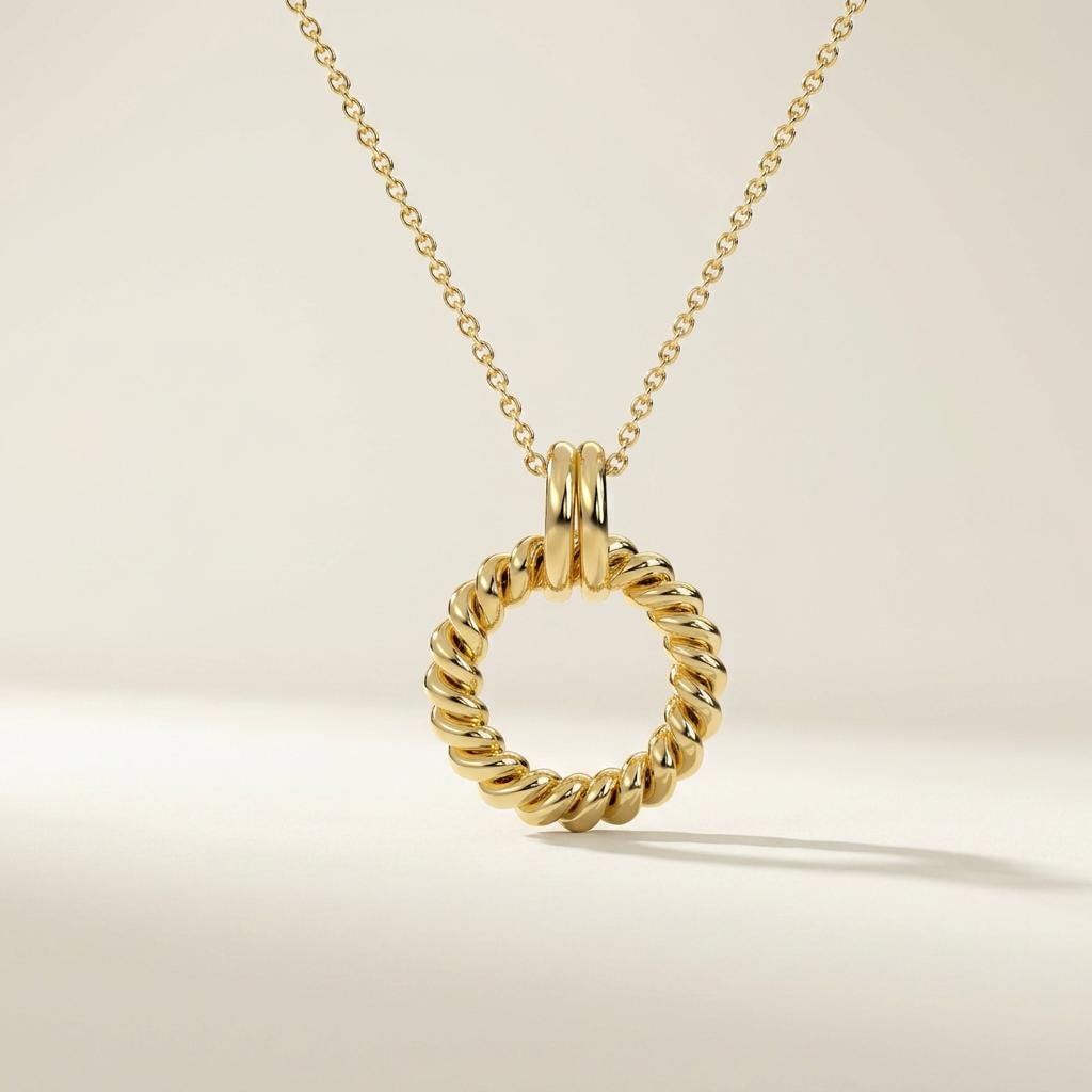 Twisted Love Knot Rope Circle 14K Solid Gold Pendant Necklace