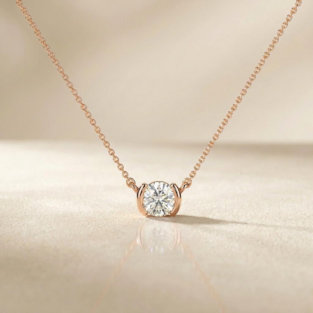 Round Brilliant Cut Diamond Solitaire Dainty Half Bezel 14K Solid Gold Pendant Necklace