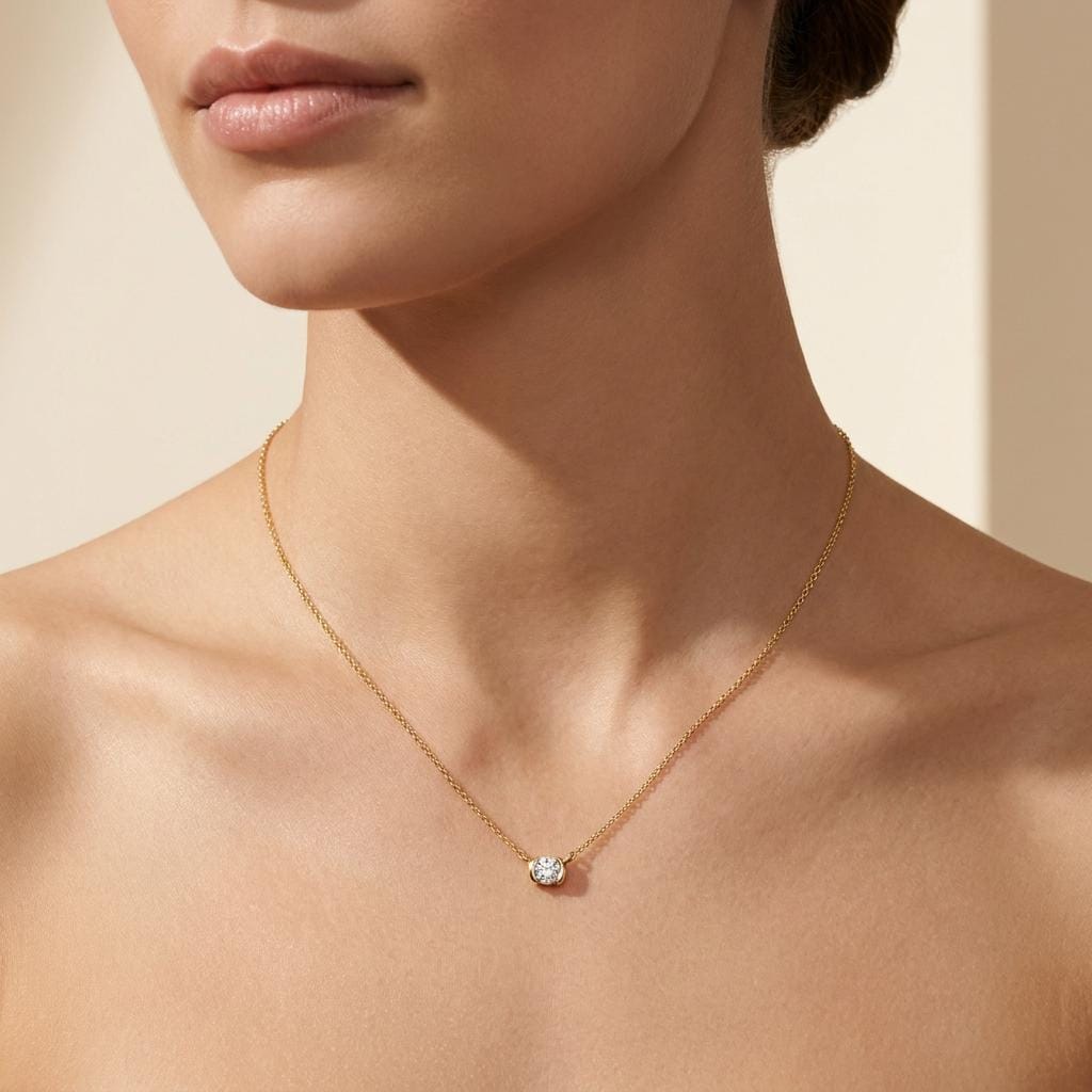 Round Brilliant Cut Diamond Solitaire Dainty Half Bezel 14K Solid Gold Pendant Necklace