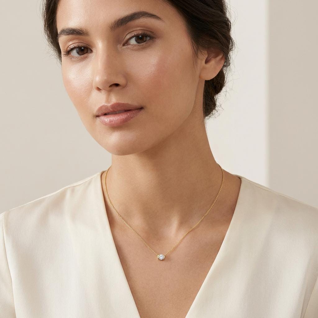 Round Brilliant Cut Diamond Solitaire Dainty Half Bezel 14K Solid Gold Pendant Necklace