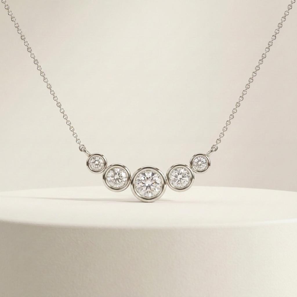 Round Diamond Five Stone Graduated Bezel Necklace 14K Solid Gold Pendant