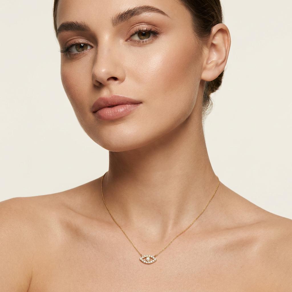 Diamond Dainty Evil Eye 14K Solid Gold Pendant Necklace