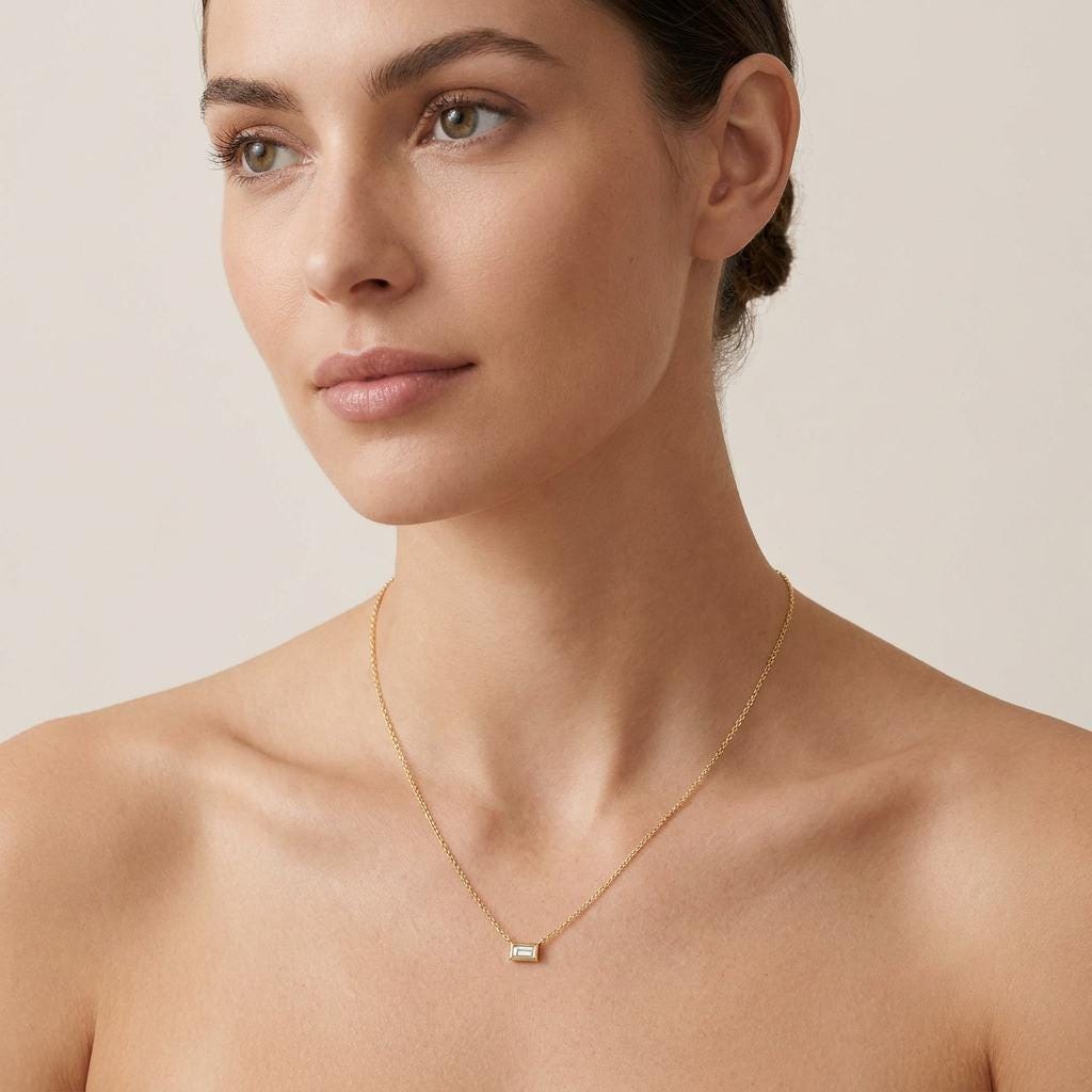 Baguette Diamond Solitaire Dainty Bezel Set 14K Solid Gold Pendant Necklace