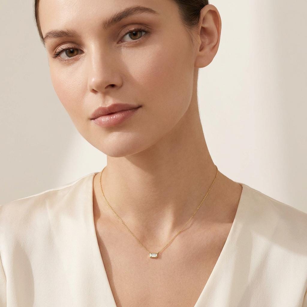 Baguette Diamond Solitaire Dainty Bezel Set 14K Solid Gold Pendant Necklace